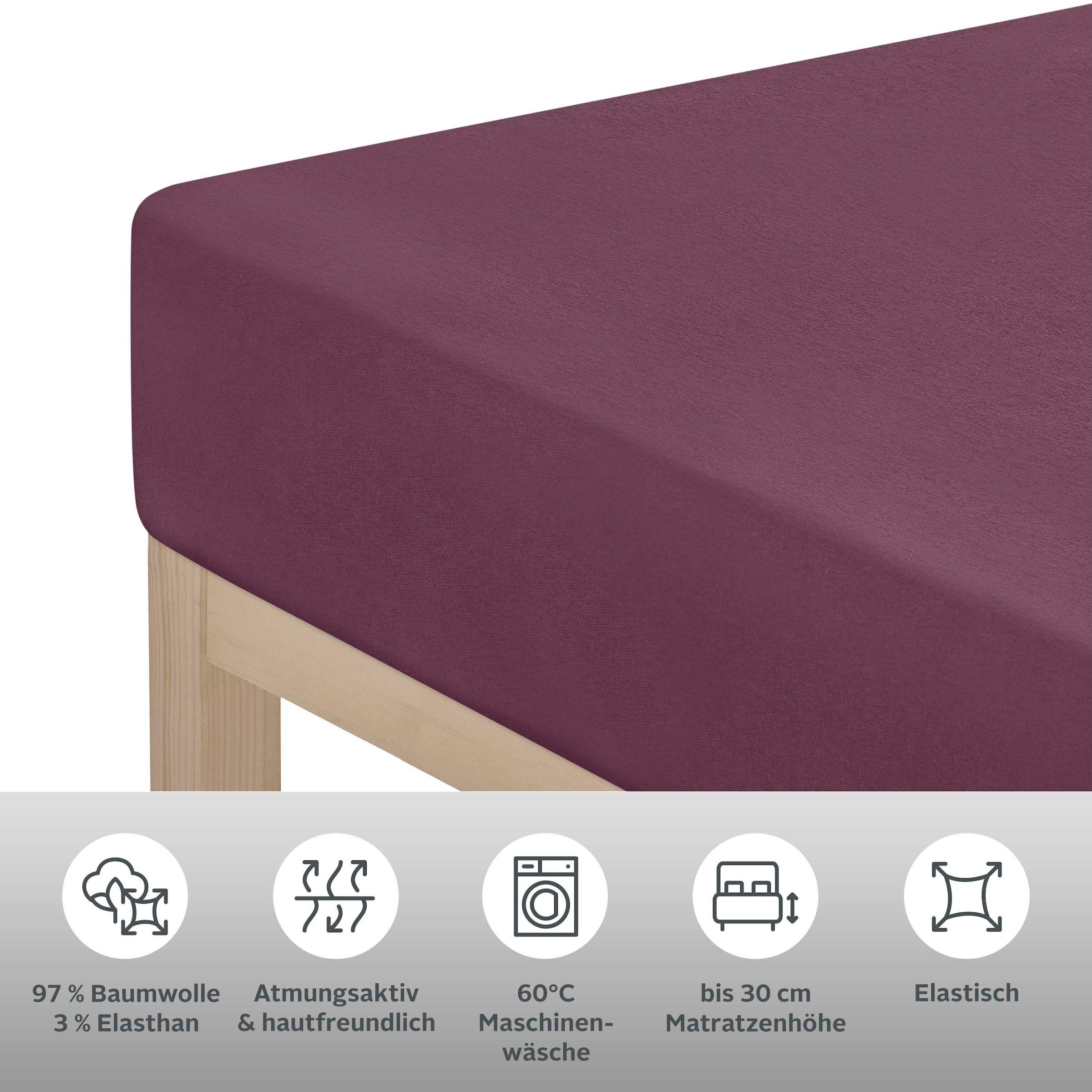 Leonique Spannbettlaken »Sofia Bettlaken, Obermaterial: 97% Baumwolle & 3% Elasthan, für Boxspringbetten geeignet, aus Jersey mit Elasthan, für Matratzenhöhe bis zu 30 cm, Premium Qualität, mit Gummizug«, (1 St.)