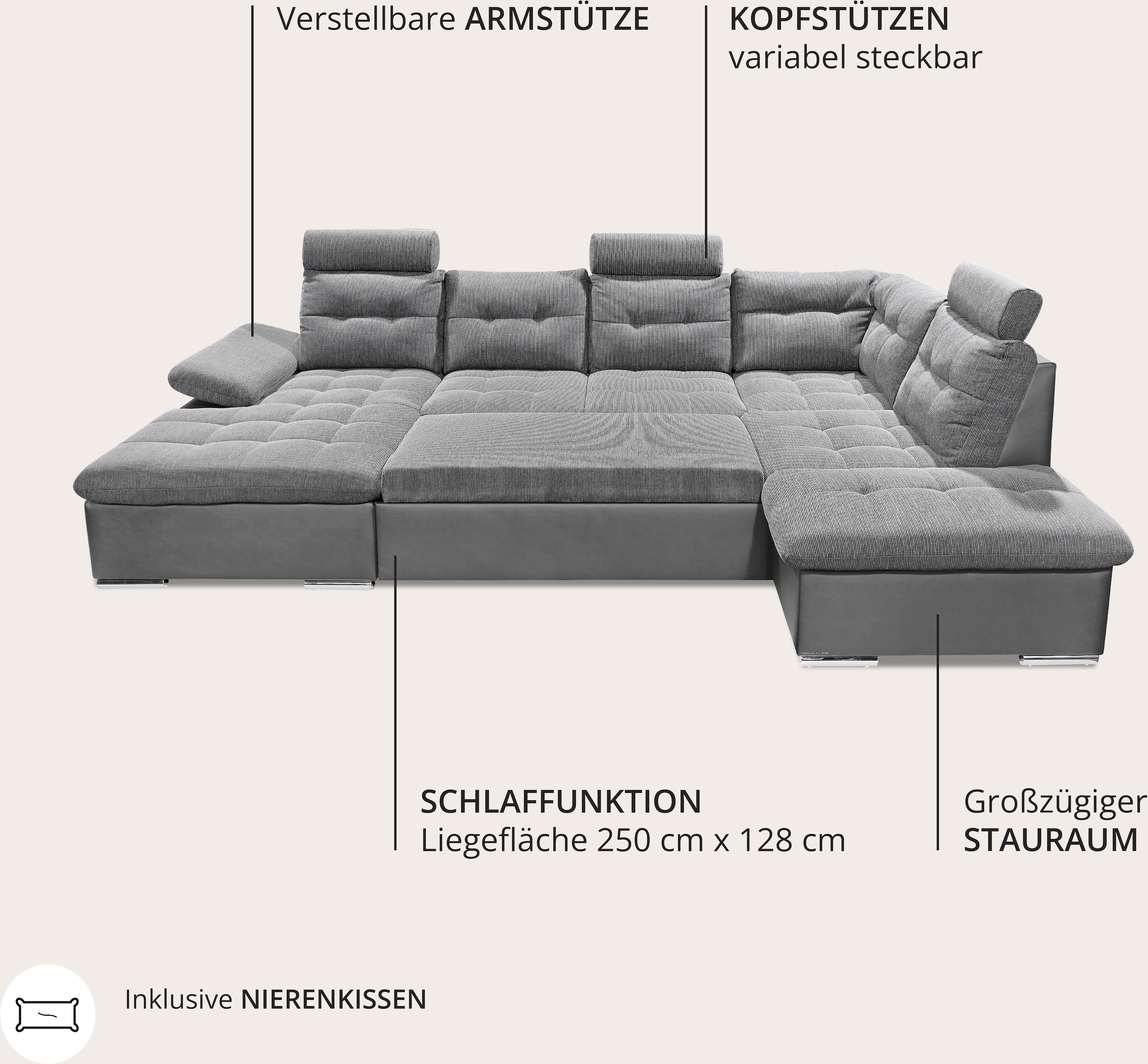 ED EXCITING DESIGN Wohnlandschaft »Jakarta U-Form mit Bettfunktion, Bettkasten« Armteilverstellung, Kopfstützen & 3 Nierenkissen