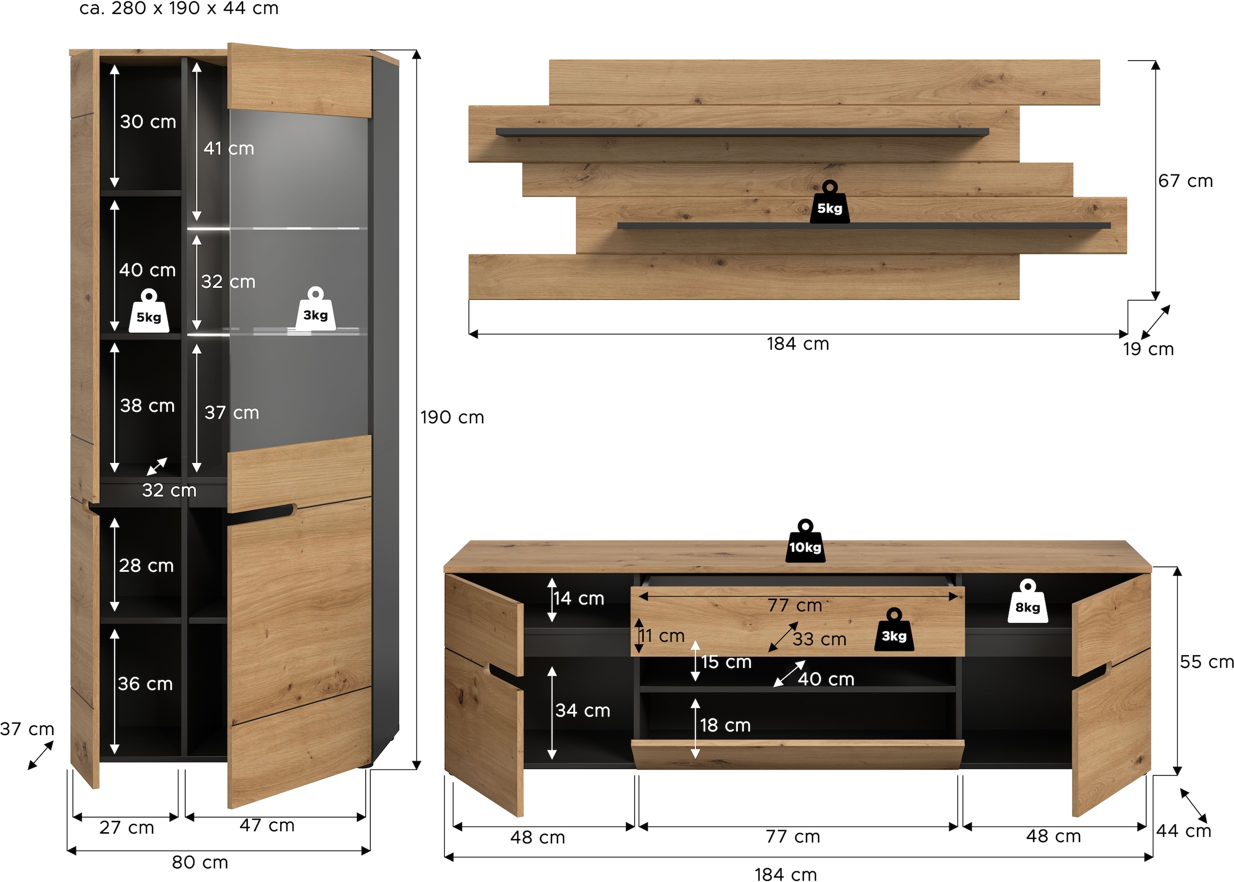 INOSIGN Wohnwand »REHAT, TOPSELLER!, 3-teilig, Breite 280 cm, inklusive Beleuchtung« Set inkl. Beleuchtung, bestehend aus: Vitrine, Lowboard und Wandboard, 5 Stk. tlg. Kombination, Anbauwand, Set, Wohn-Set, Wohnzimmer-Set, Schrankwand