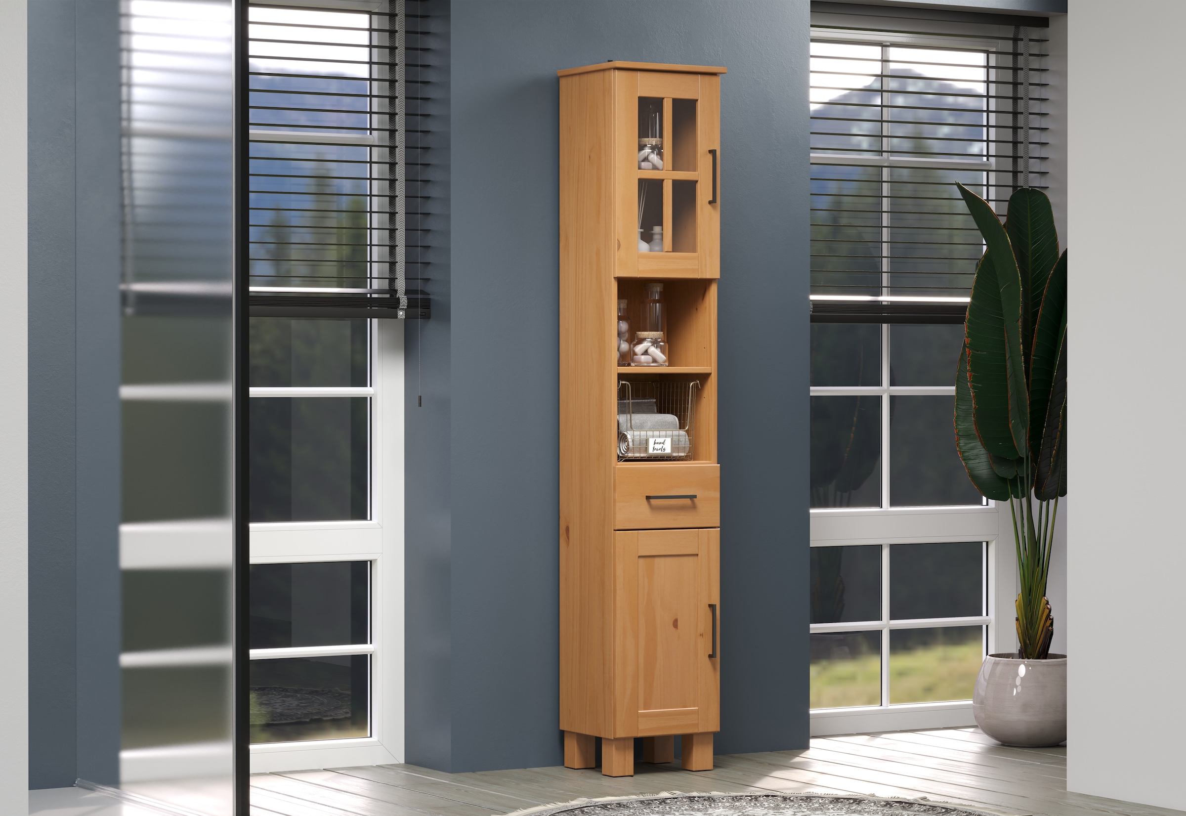 welltime Hochschrank »Ulea«, (1 St.), Badschrank aus Massivholz mit Schubkasten - Maße (B/T/H) 33/30/180 cm