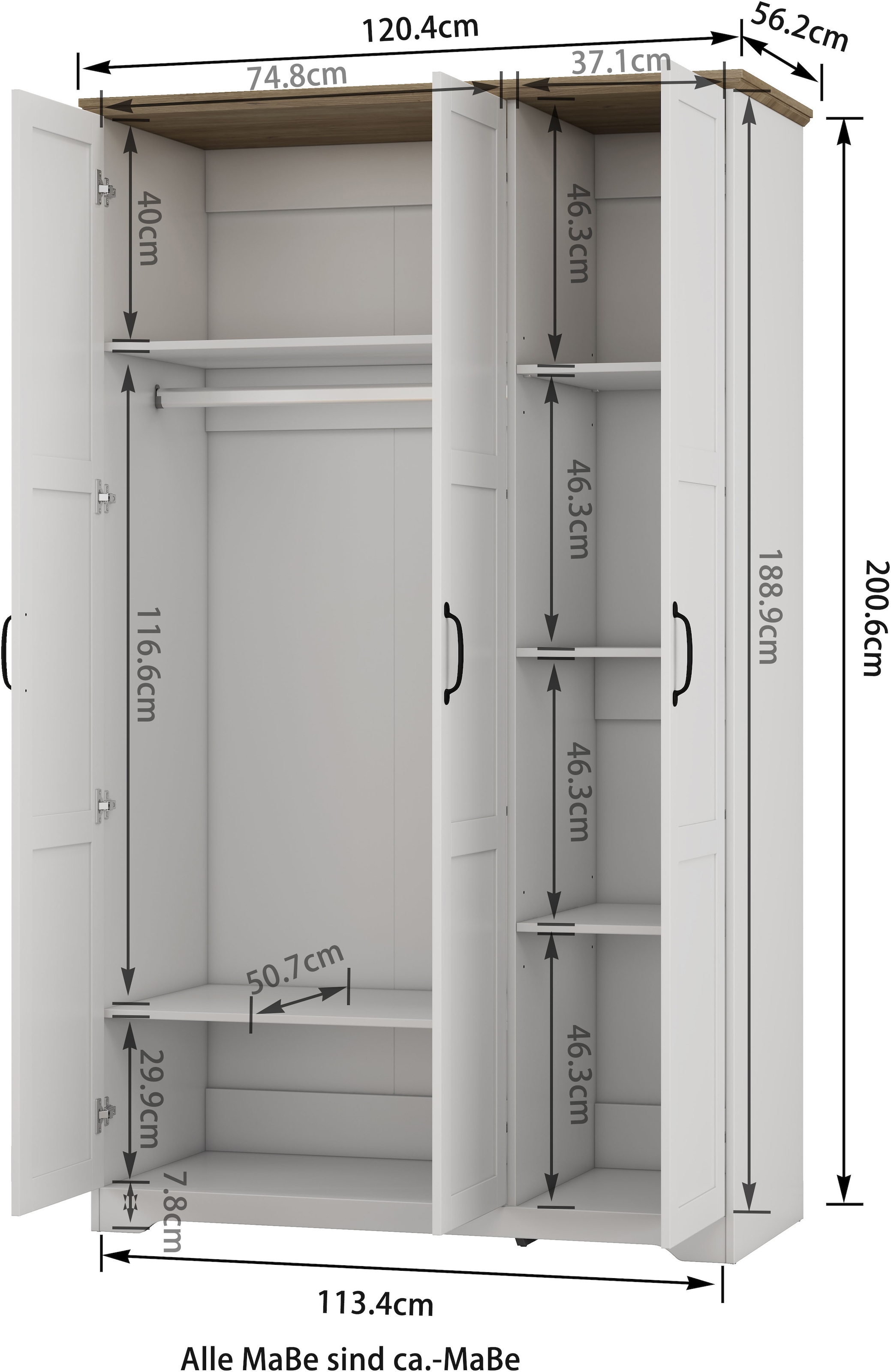 OTTO home Kleiderschrank »Emmilia Schrank Schlafzimmerschrank im Landhaus Design« Mit vielen Einlegeböden und Softclose,  Landhaus Schrank mit  3 Türen Breite 120,4 cm, Höhe 2m