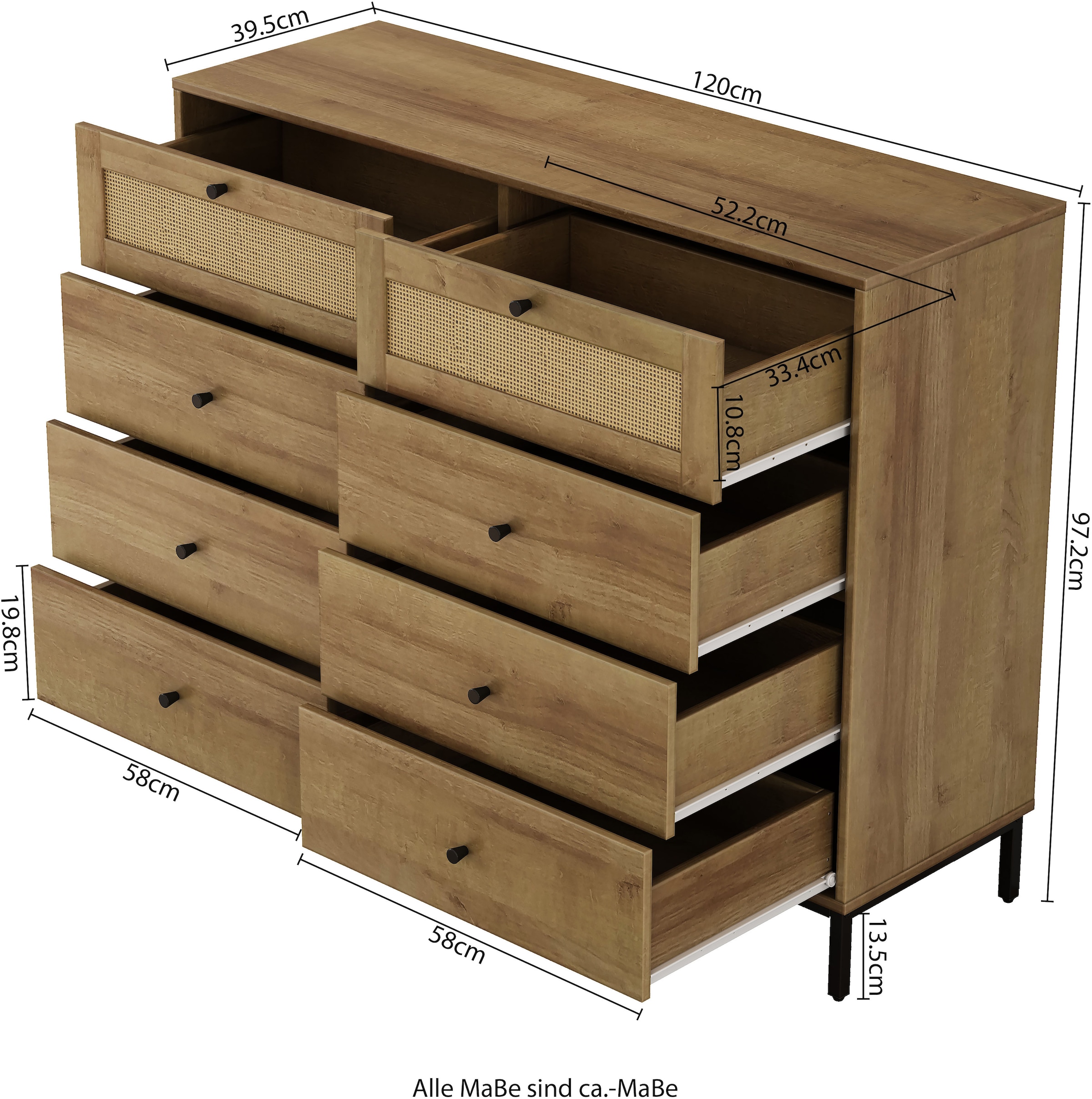 OTTO home Kombikommode »Motala Wäsche Schrank mit 8 Schubladen Sideboard BOHO Design« Eichen-Design mit schwarzen Griffen und Geflecht Schubladen,  Kommode Schrank Wäscheschrank mit 8 Schubladen