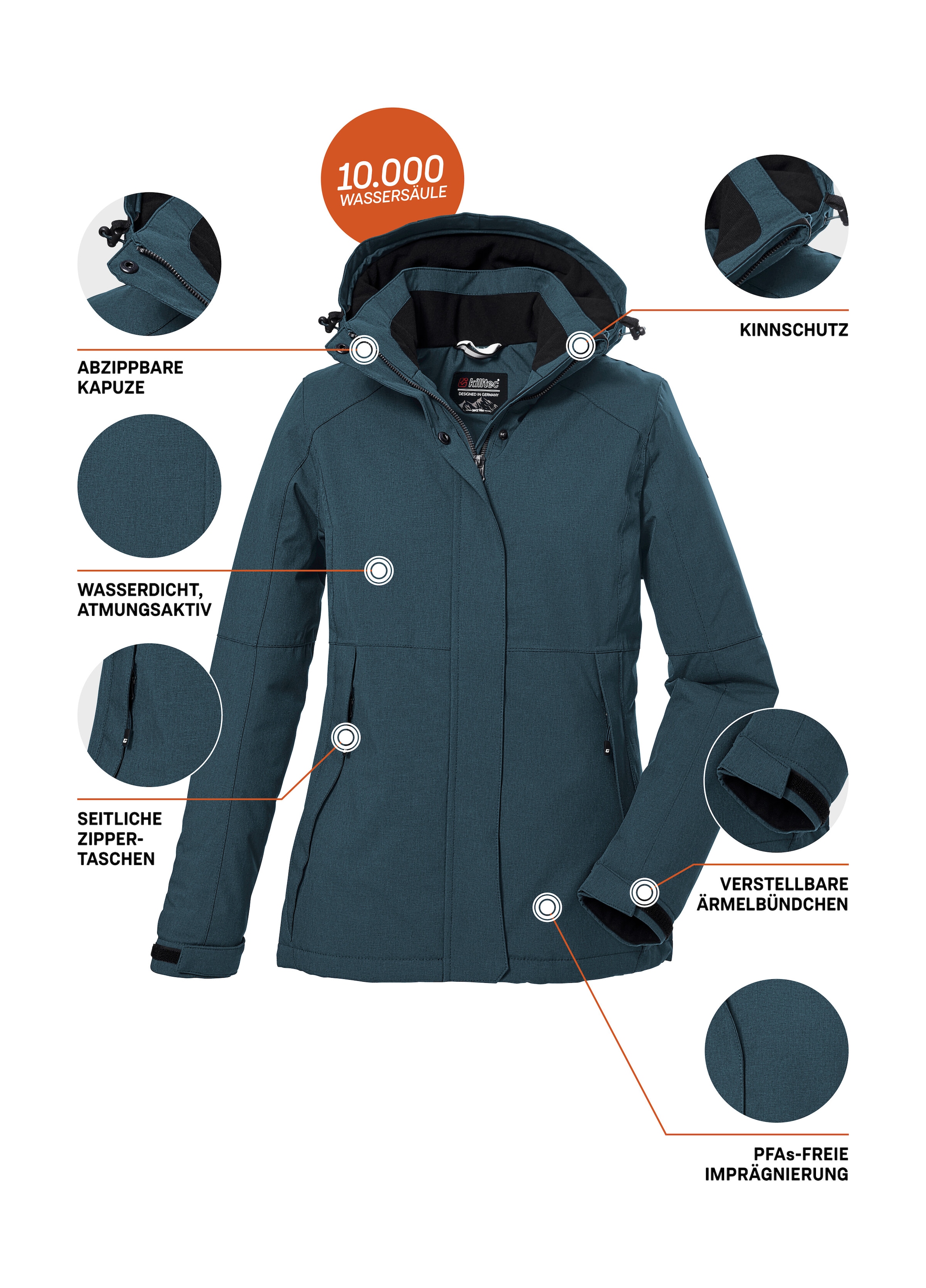 Killtec Outdoorjacke »KOW 37 WMN JCKT«, Wasserdichte Damenjacke mit abnehmbarer Kapuze und verstellbaren Bündchen