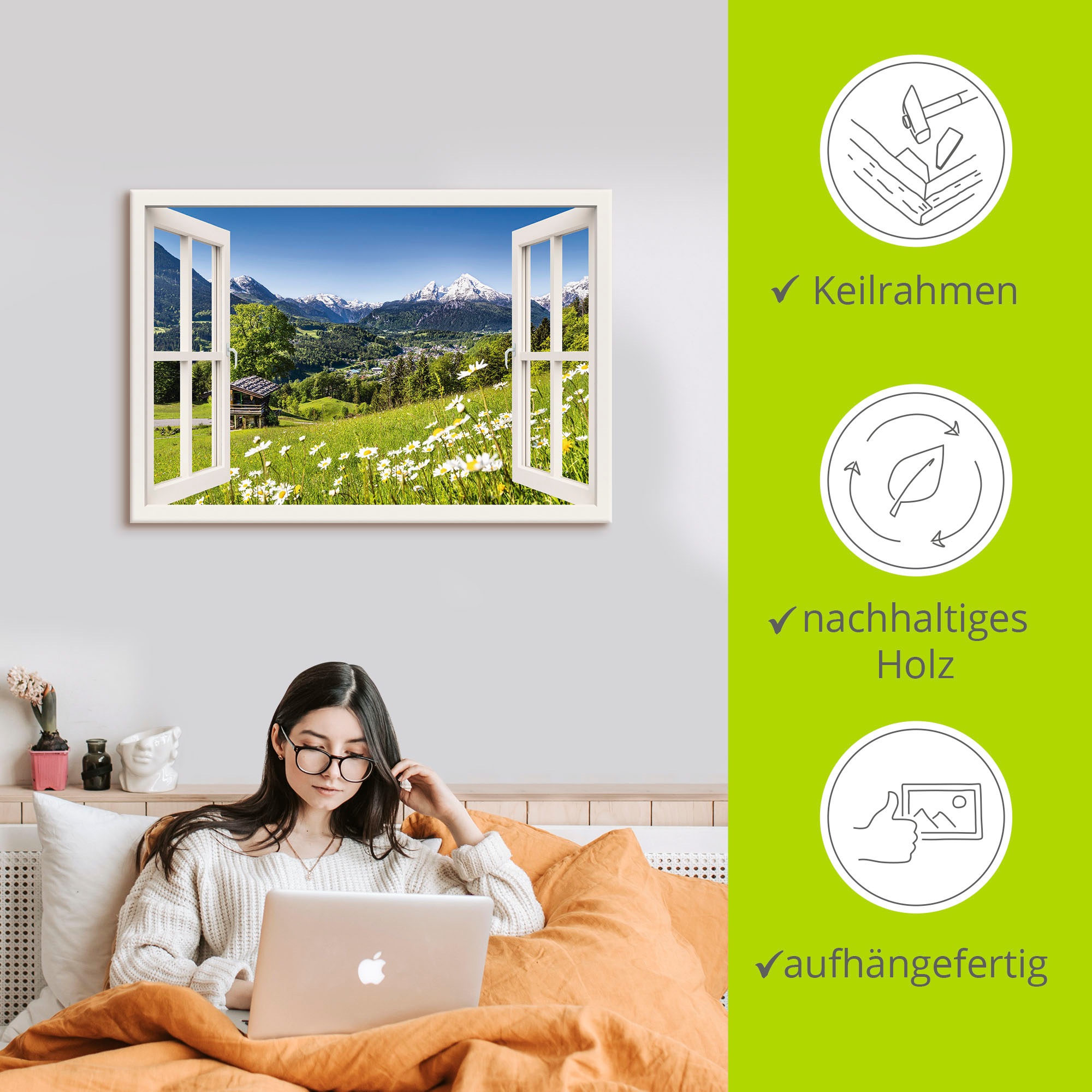 Artland Wandbild »Fensterblick Bayerischen Alpen«, Berge, (1 St.), als Alubild, Leinwandbild, Wandaufkleber oder Poster in versch. Größen