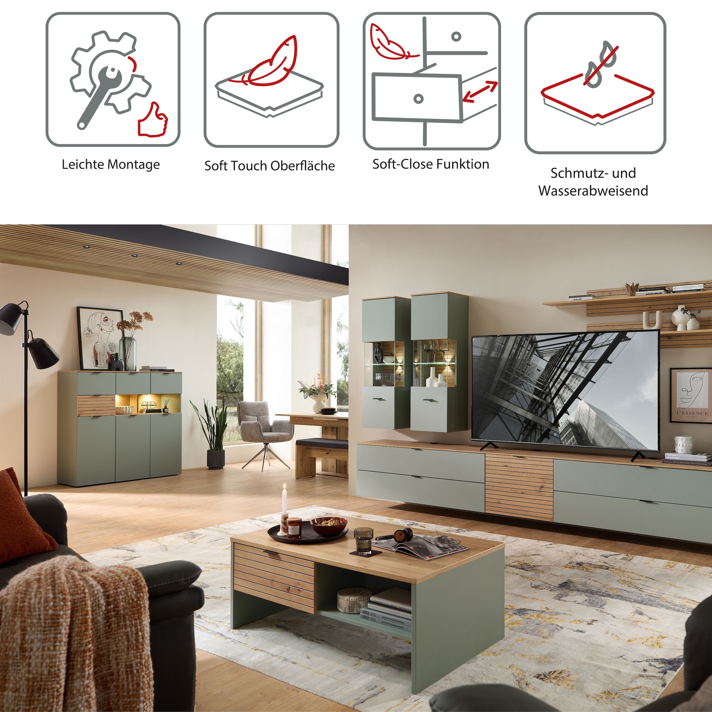 Innostyle TV-Schrank »INA TV-Lowboard, 140 x 51 x 44 cm (B/H/T)« 1 Stk. tlg. stehend/hängend verwendbar, Klappe, Schubkasten, Softclose