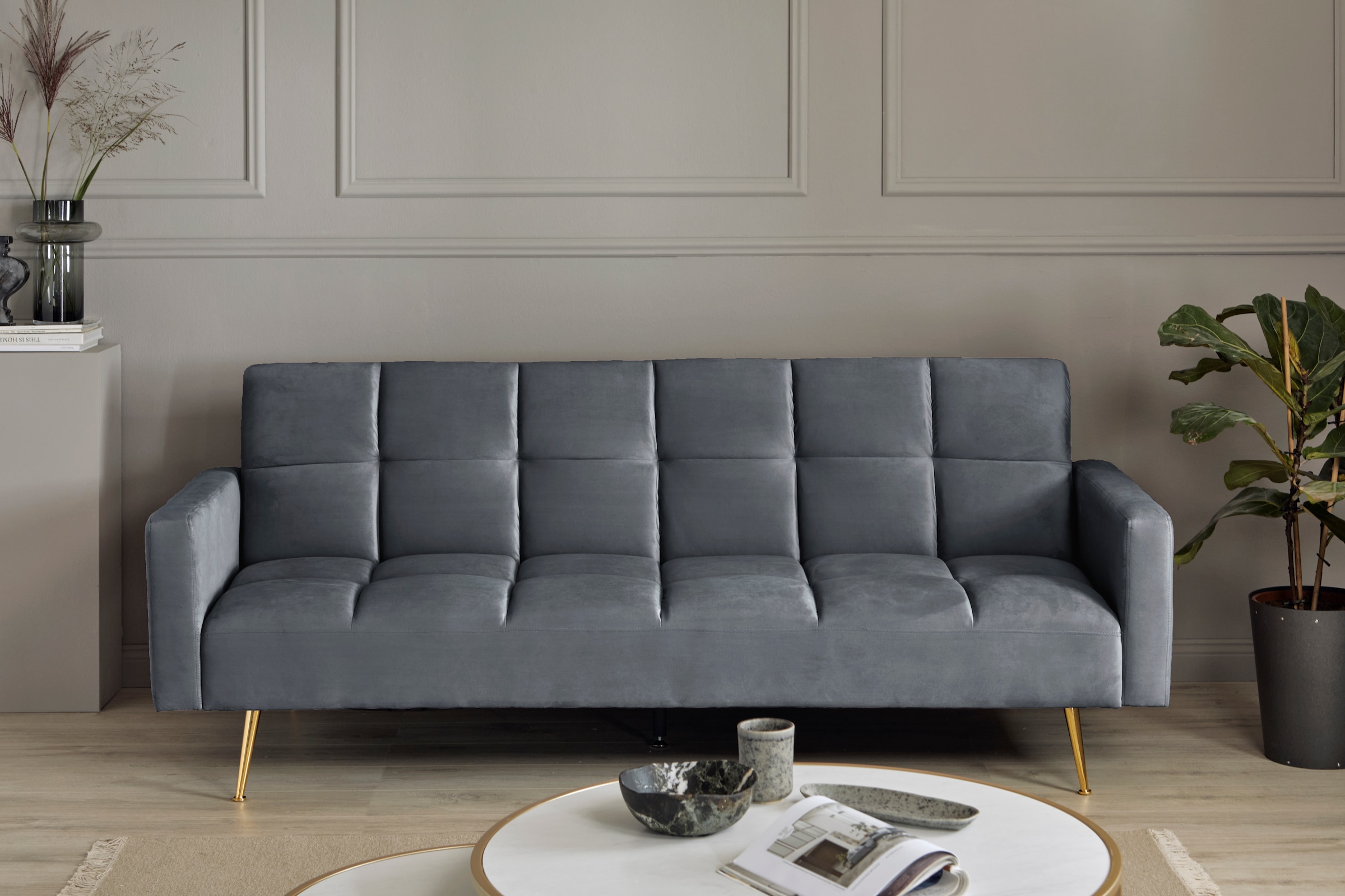 Jahnke Schlafsofa »CHILLAX POSH« mit Schlaffunktion, edler Samtstoff & Füße im Gold-Look, Breite 213 cm