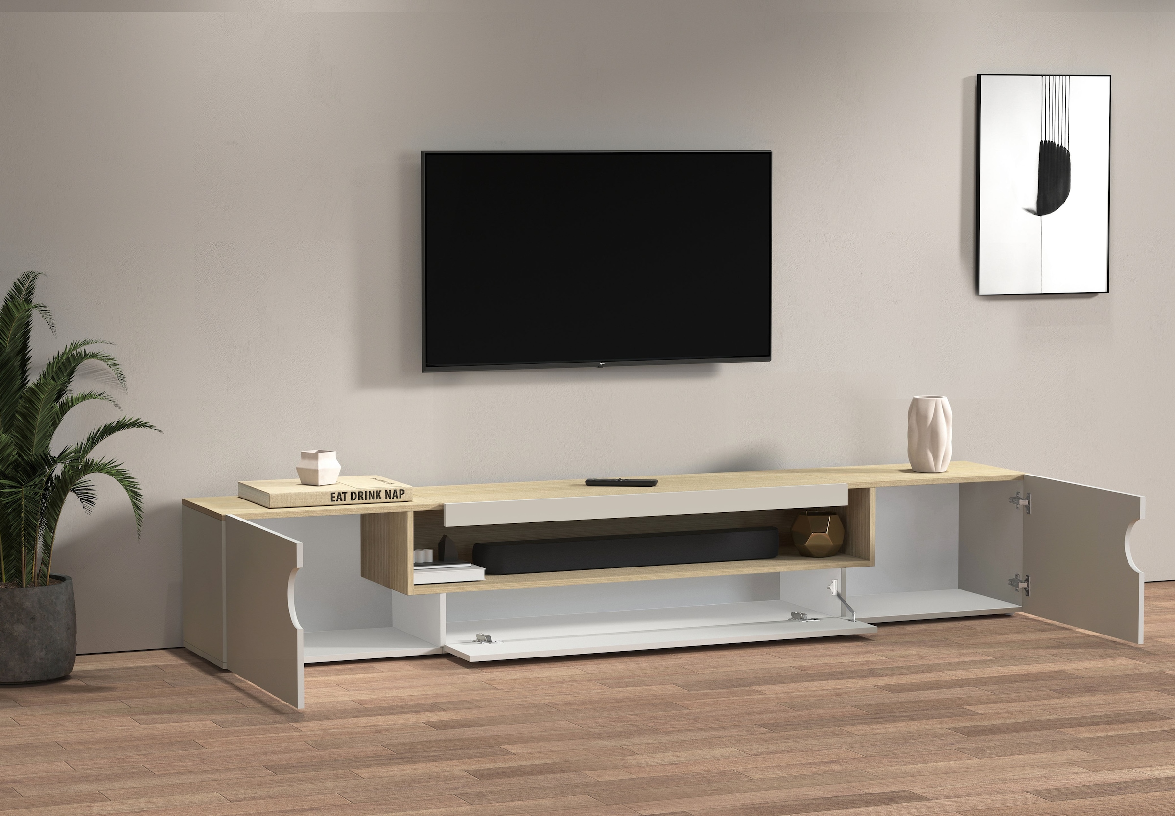 INOSIGN Lowboard »REAL TV-Möbel, 240 cm breit, 40/60 cm hoch, Hochglanz oder matt« mit 2 abgerundeten Türen, 1 Klappe, die ein ovales offenes Fach bilden
