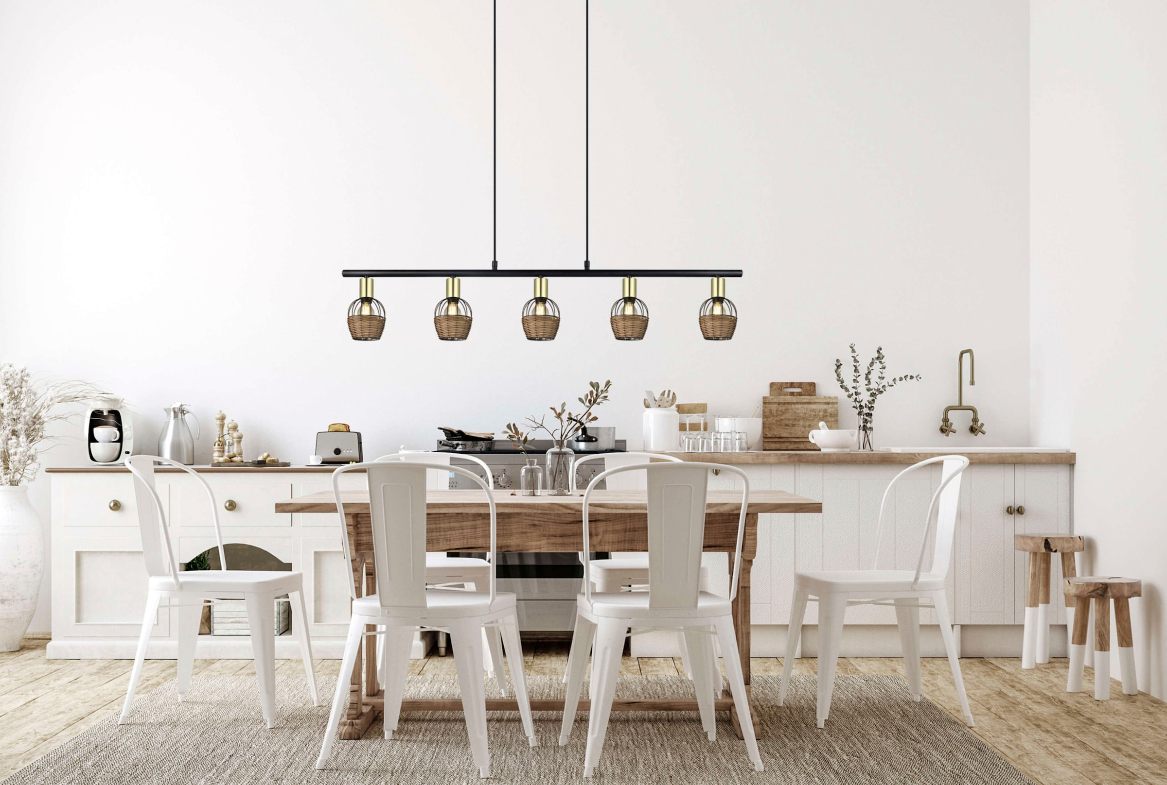 näve Pendelleuchte »Corbis«, 5 flammig, Leuchtmittel E14 | ohne Leuchtmittel, 5 Spots excl. E14 max. 40W schwarz/natur/gold Länge 100cm mit Rattan