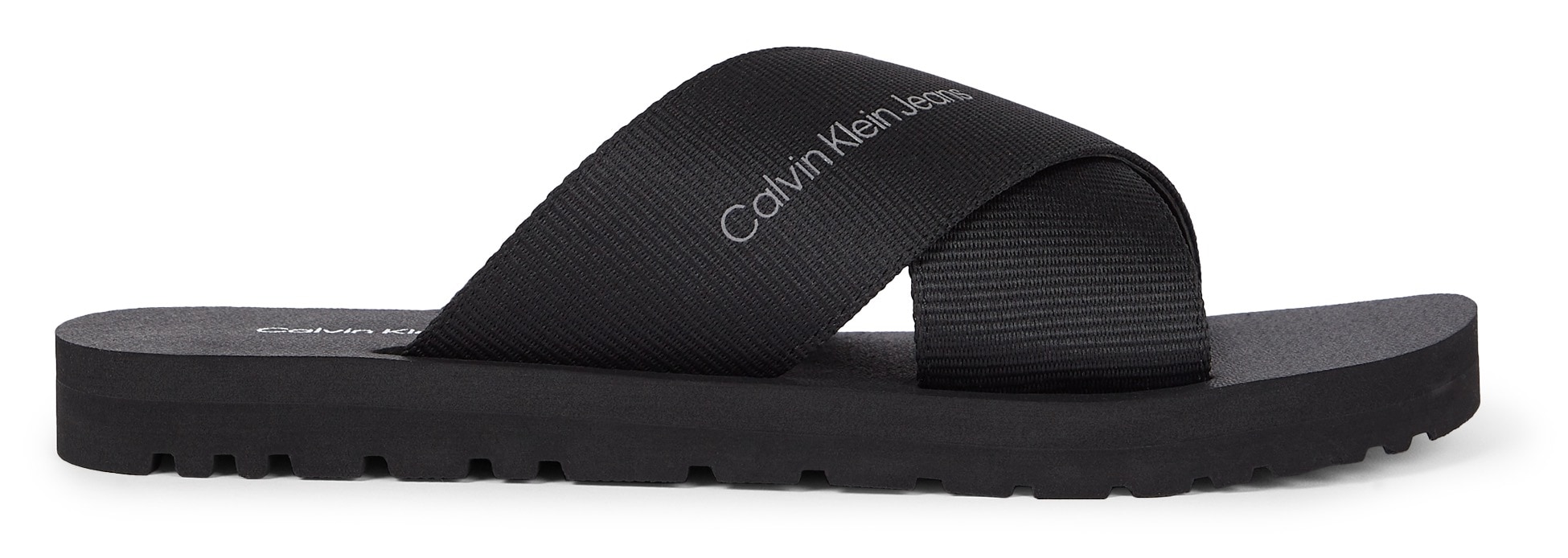 Calvin Klein Jeans Pantolette »CROSS SANDAL SLIPON RP IN BTW«, Sommerschuh, Schlappen, Poolslides, mit Kreuzbandage
