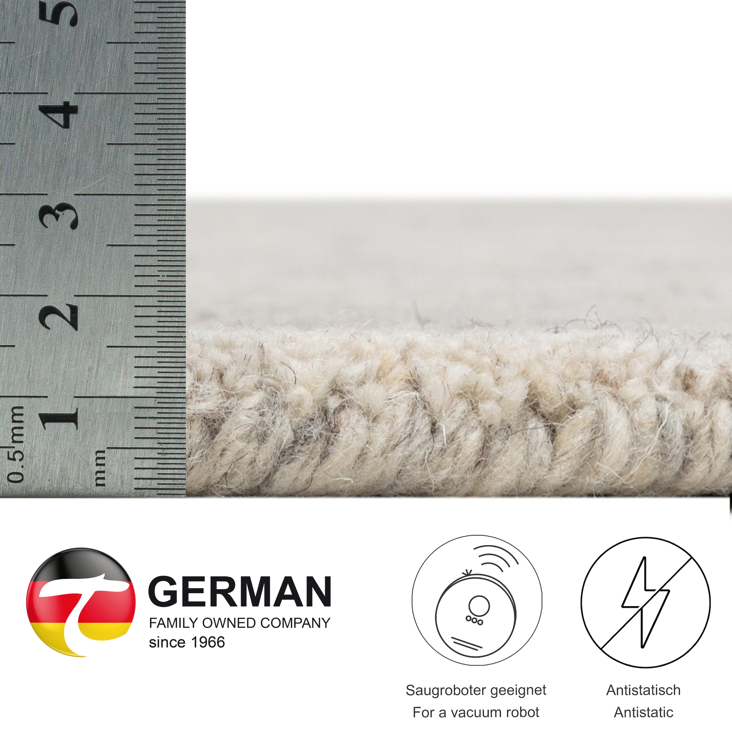 THEKO Wollteppich »Pure UNI« rund 14 mm Höhe Handwebteppich, meliert, reine Wolle, handgewebt