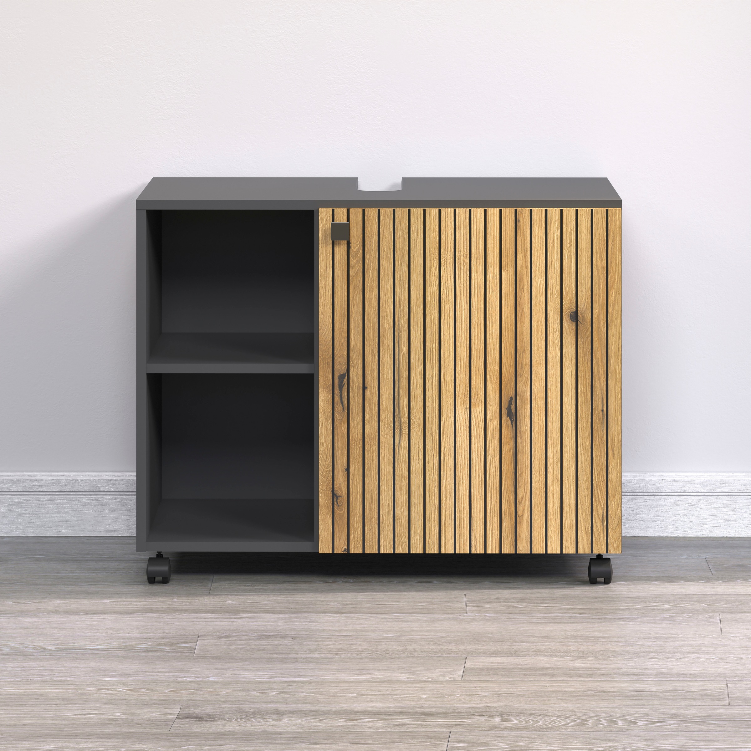 welltime Waschbeckenunterschrank »Amrum« BxHxT 80 x 64 x 42cm Waschbeckenunterschrank Eiche Rillenoptik