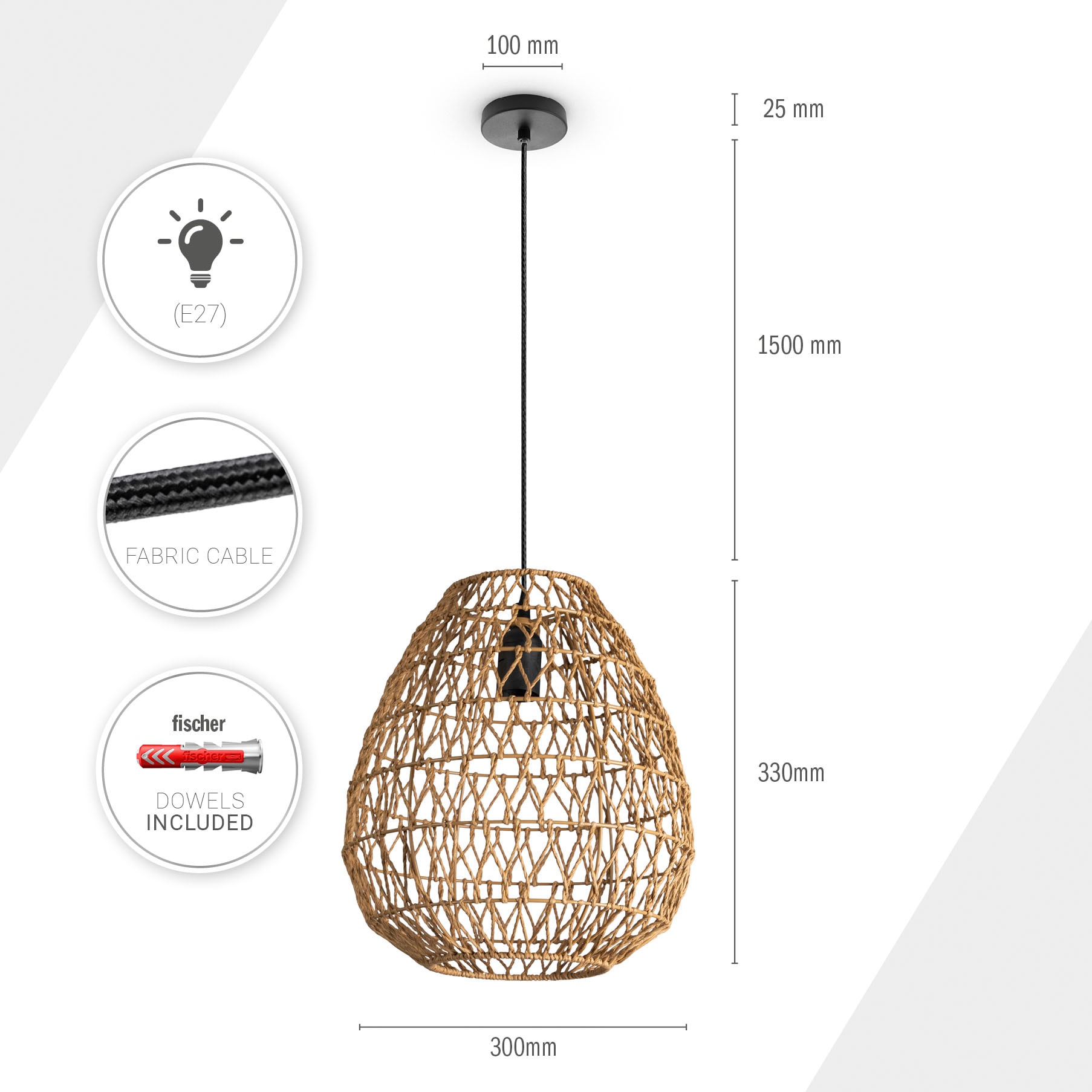 Rattan online Paco Boho OTTO bestellen Pendelleuchte E27 Home »KAGEEG«, Esszimmerlampe bei Skandi Hängeleuchte Optik Korb