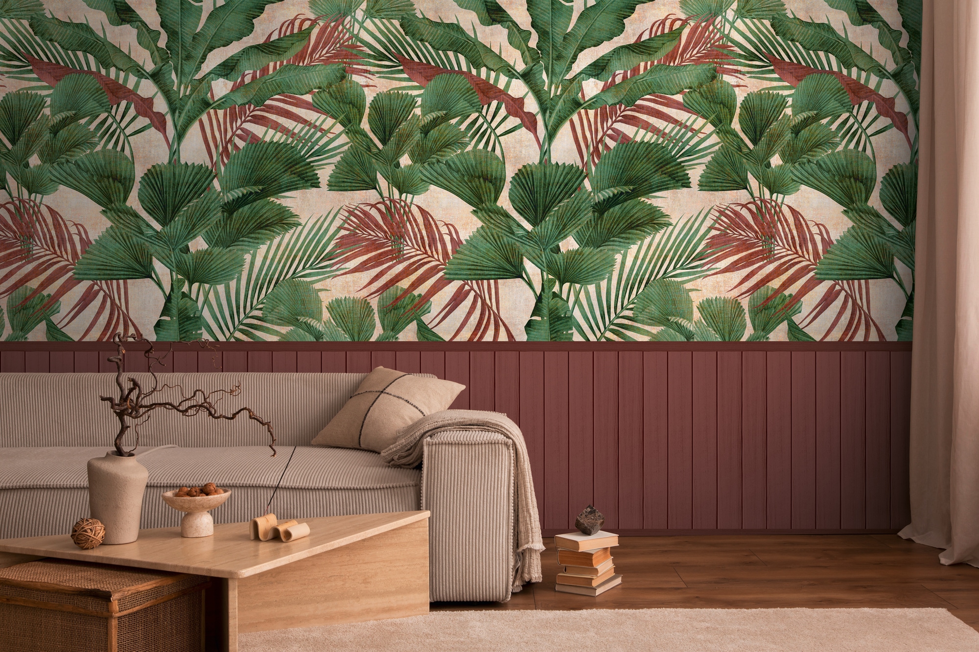 living walls Fototapete »Wallpanel Tapete Wandpaneele Motivtapete Dschungel Landhaus« matt strukturiert Vliestapete Blätter für Schlafzimmer Küche Wohnzimmer Wandpaneele Flur