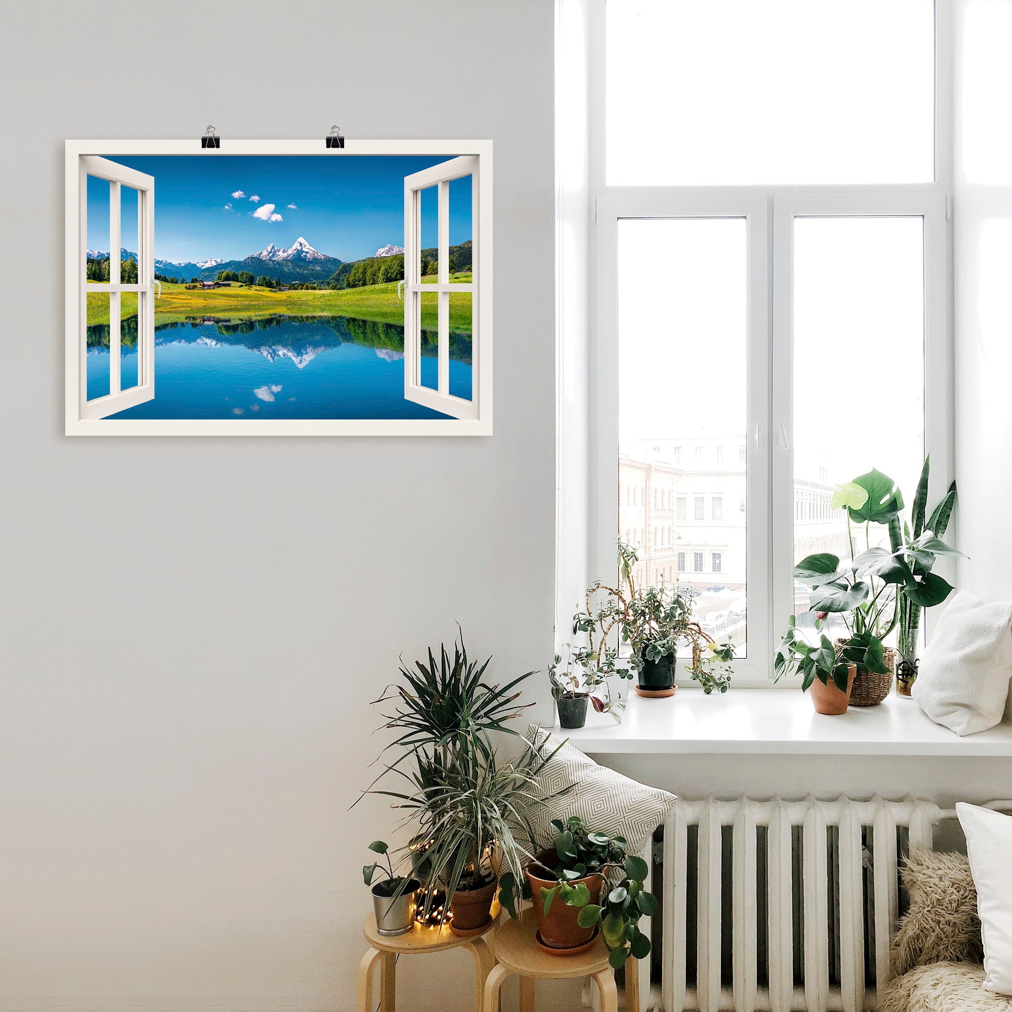 Artland Wandbild »Fensterblick Alpen und Bergsee« Berge 1 Stk. tlg. als Leinwandbild, Poster, Wandaufkleber in verschied. Größen