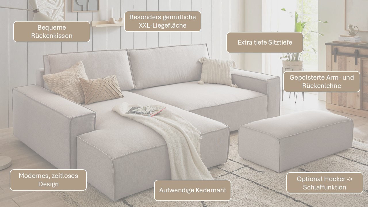 Home affaire »NEU: SHERWOOD XXL 284, Big-Sofa L-Form, tiefe Sitzfläche 95 cm, Cord« Recamiere rechts/links, als Schlafsofa stellbar, Cord u. Leinenoptik