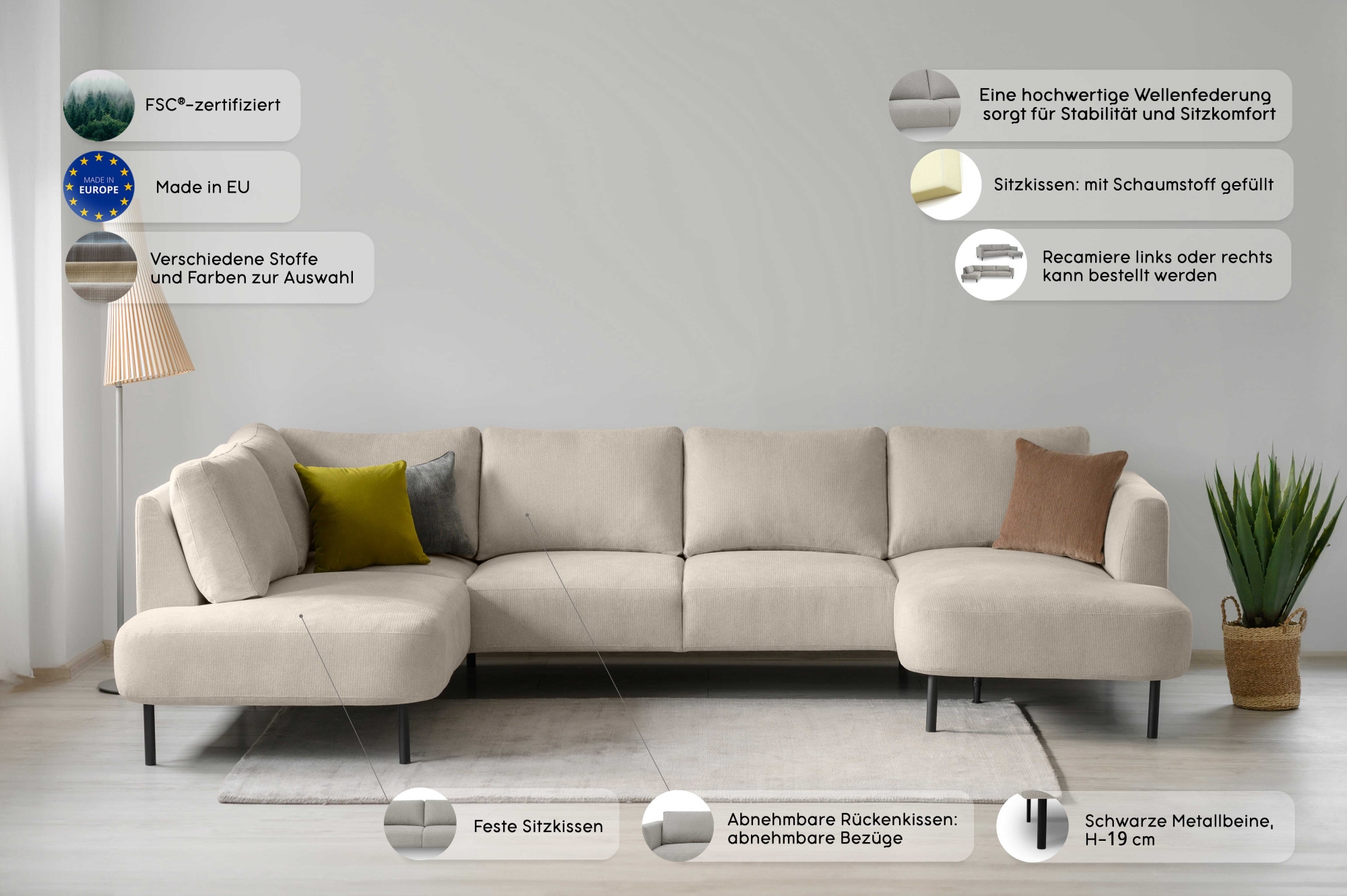 Places of Style Wohnlandschaft »Cesola«, in weichem Chenille-Stoff, Breite 327 cm, mit schwarzen Metallfüßen