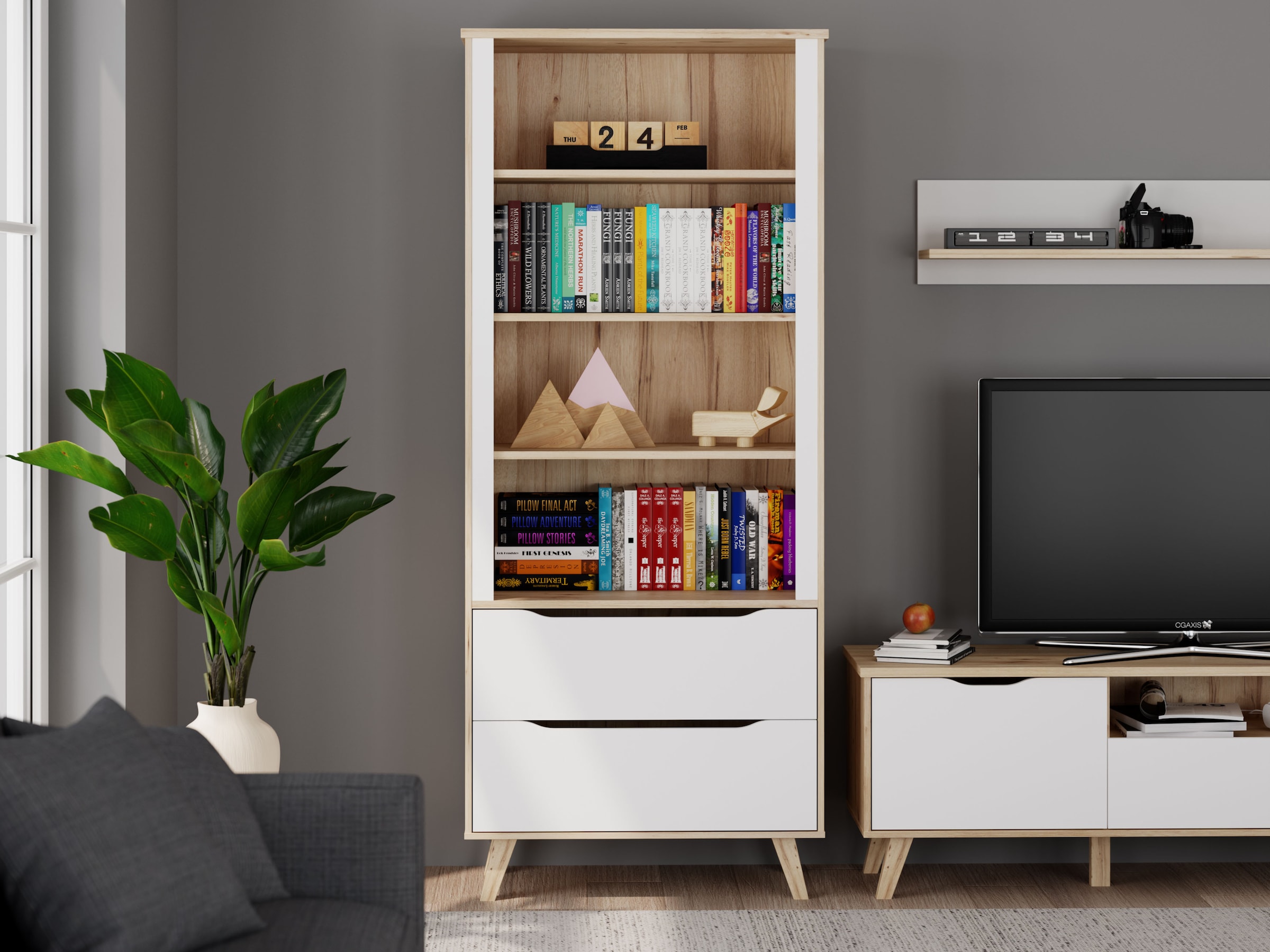 FORTE Wandregal »Vankka Regal 2 Schubkästen«, (B/H/T 84,7/201,5/41,7 cm), Regal, Holzfüße, Einlegeböden variabel, 2 Schubkästen