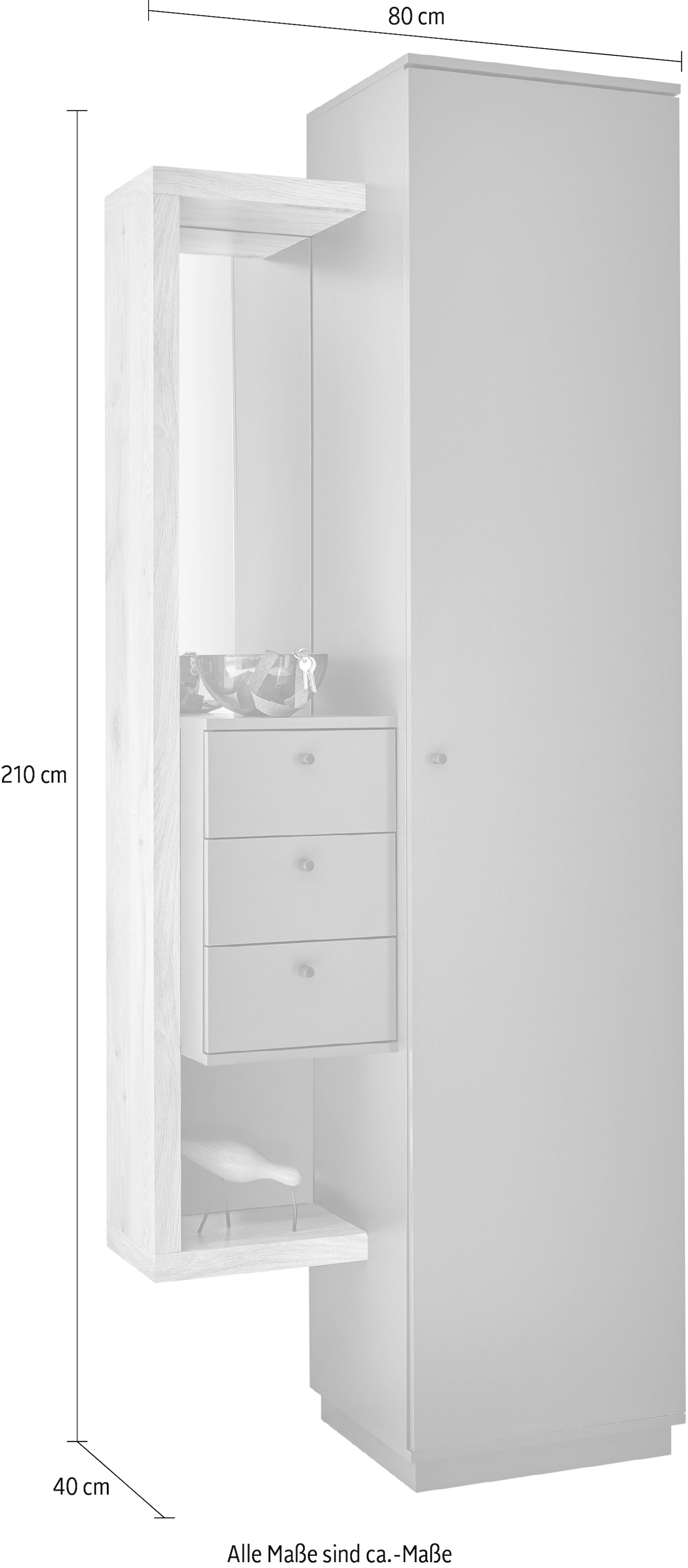 HBZ Garderobenschrank »Frame mit Spiegel, Flurgarderobe BxHxT 80x210x40 cm«, (1 St.), Mit 1 Tür, 1 Kleiderstange, 7 Einlegeböden, Kommode mit 3 Schubkästen