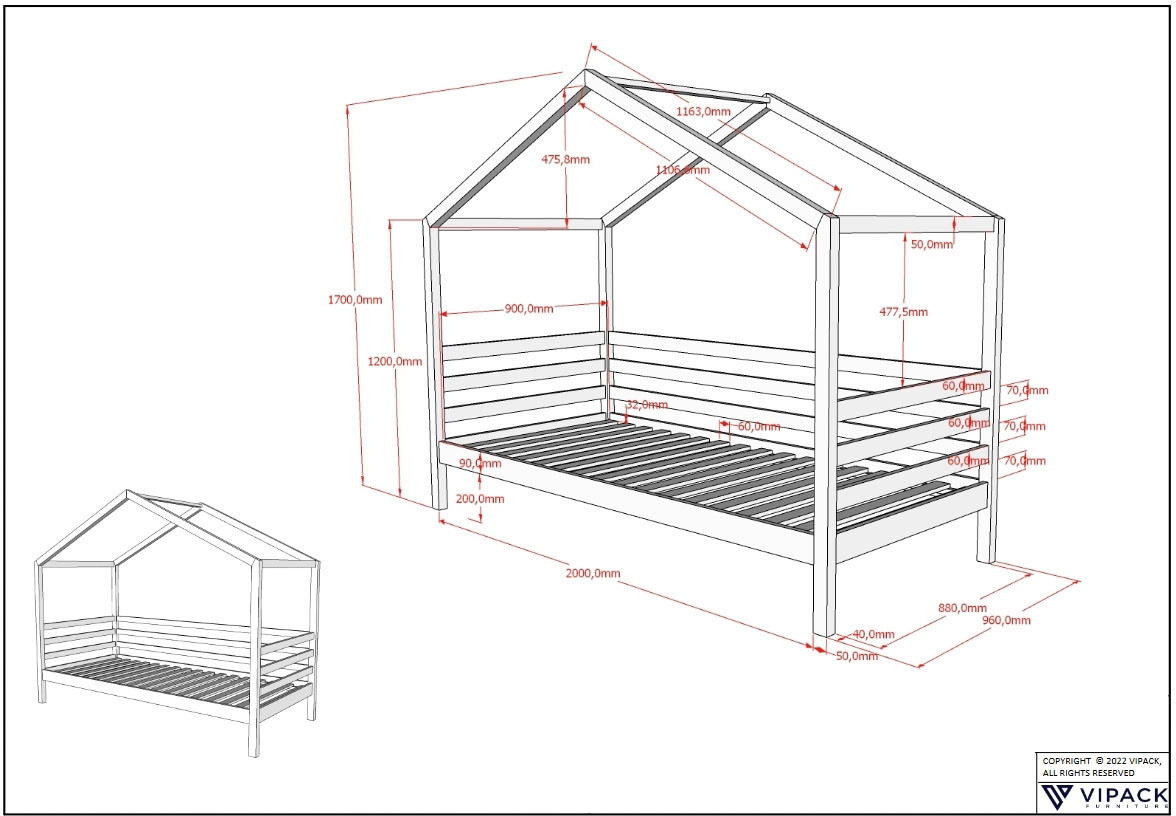 Home affaire Hausbett »Kiefer massiv weiß lackiert, inkl. Dachaufbau und Rolllattenrost«, (B/H/T ca. 210x170x96cm, stabil gebaut), inkl. seitlichem Umbau
