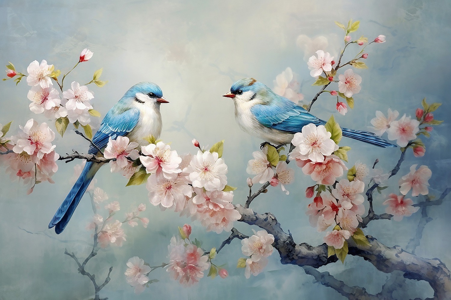 queence Leinwandbild »Kirschblüte«, Vögel-Vogelbilder-Blumen-Blumenbilder-klassische Fantasie, (1 St.), Premium-Leinwandstoff, Handarbeit aus Deutschland