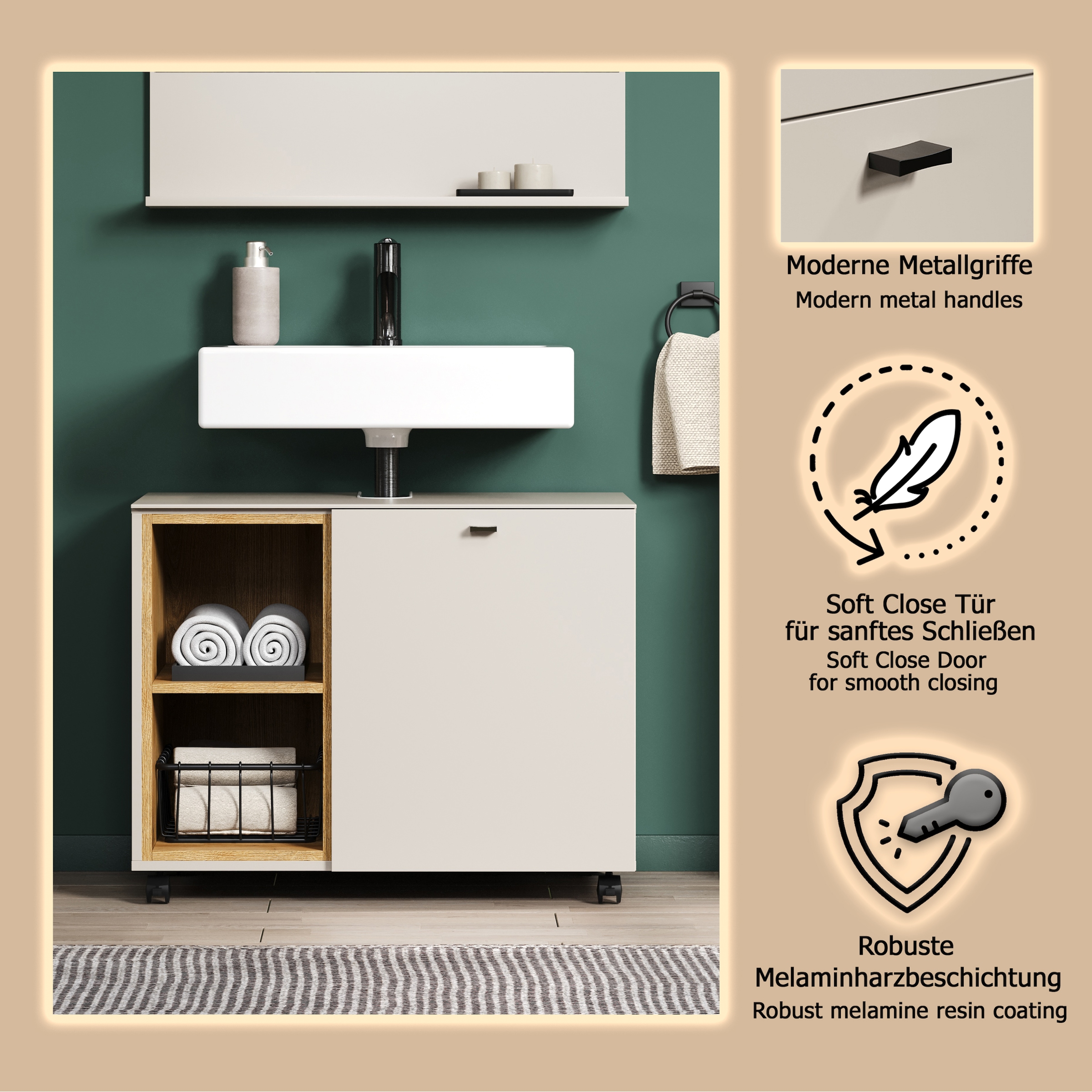welltime Waschbeckenunterschrank »San Pedro«, (1 St.), Waschbeckenunterschrank a. Rollen, Soft-Close 80/42/64 cm