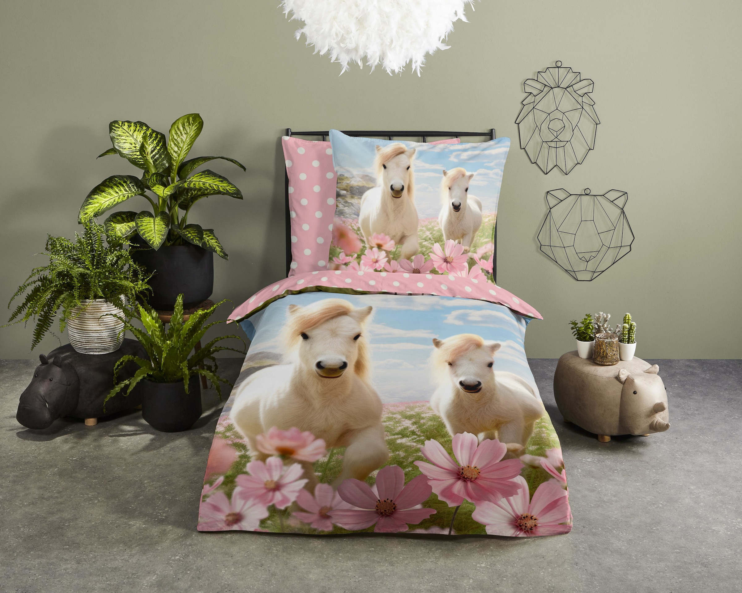 good morning Kinderbettwäsche »Philou«, 100% Baumwolle, 135x200, Wendeoptik, Mädchen, Pferd, Pferde, Blumen