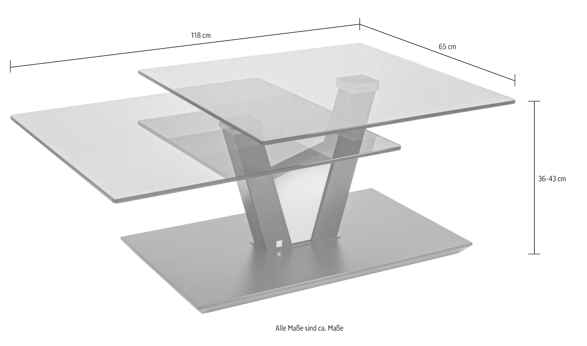 Vierhaus Couchtisch, Glasplatte drehbar, rollbar