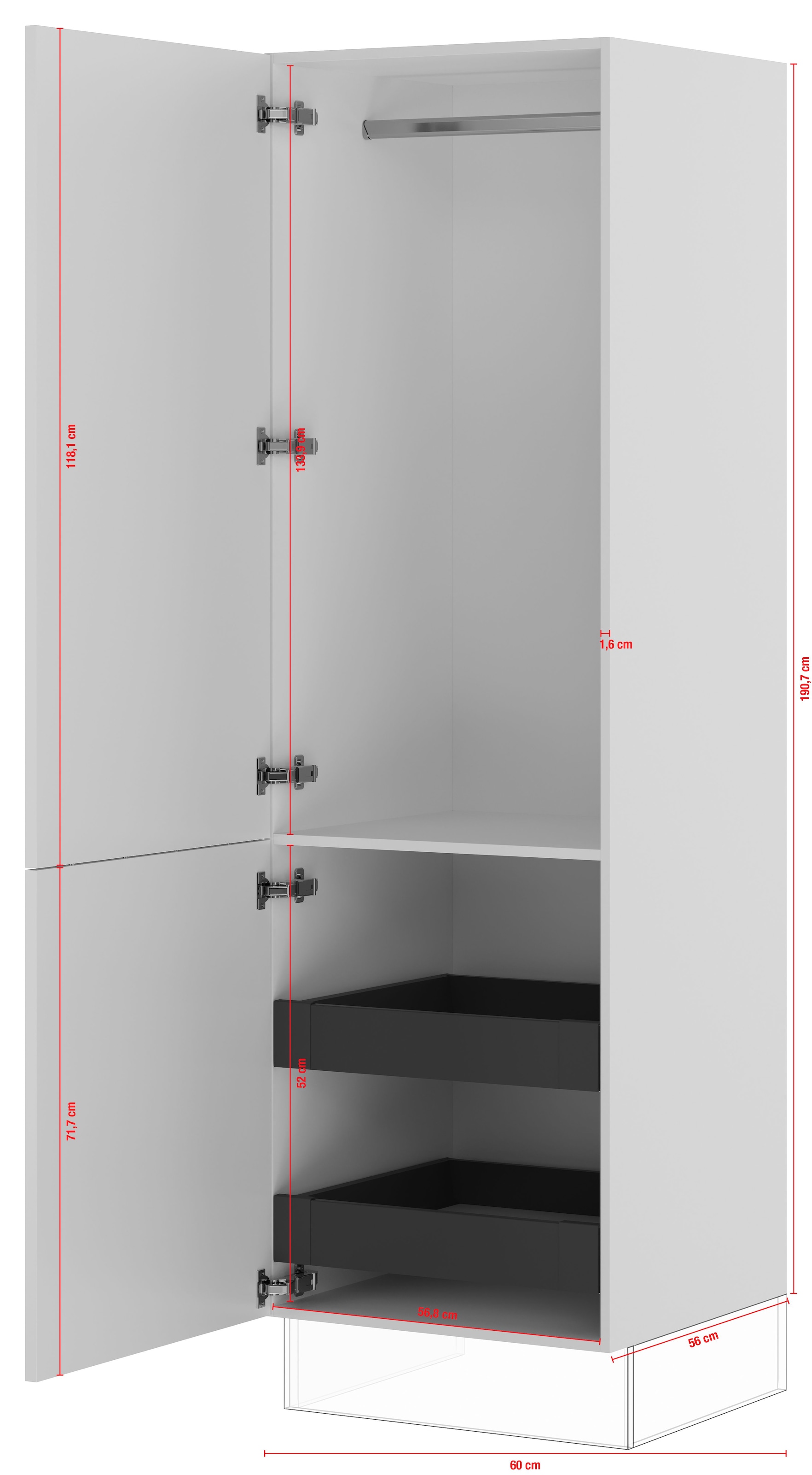 IMPULS KÜCHEN Seitenschrank »"Prag", Breite/Höhe: 60/190,7 cm, mit Kleiderstange«, vormontiert, mit Drehtür, mit Innenschubkästen