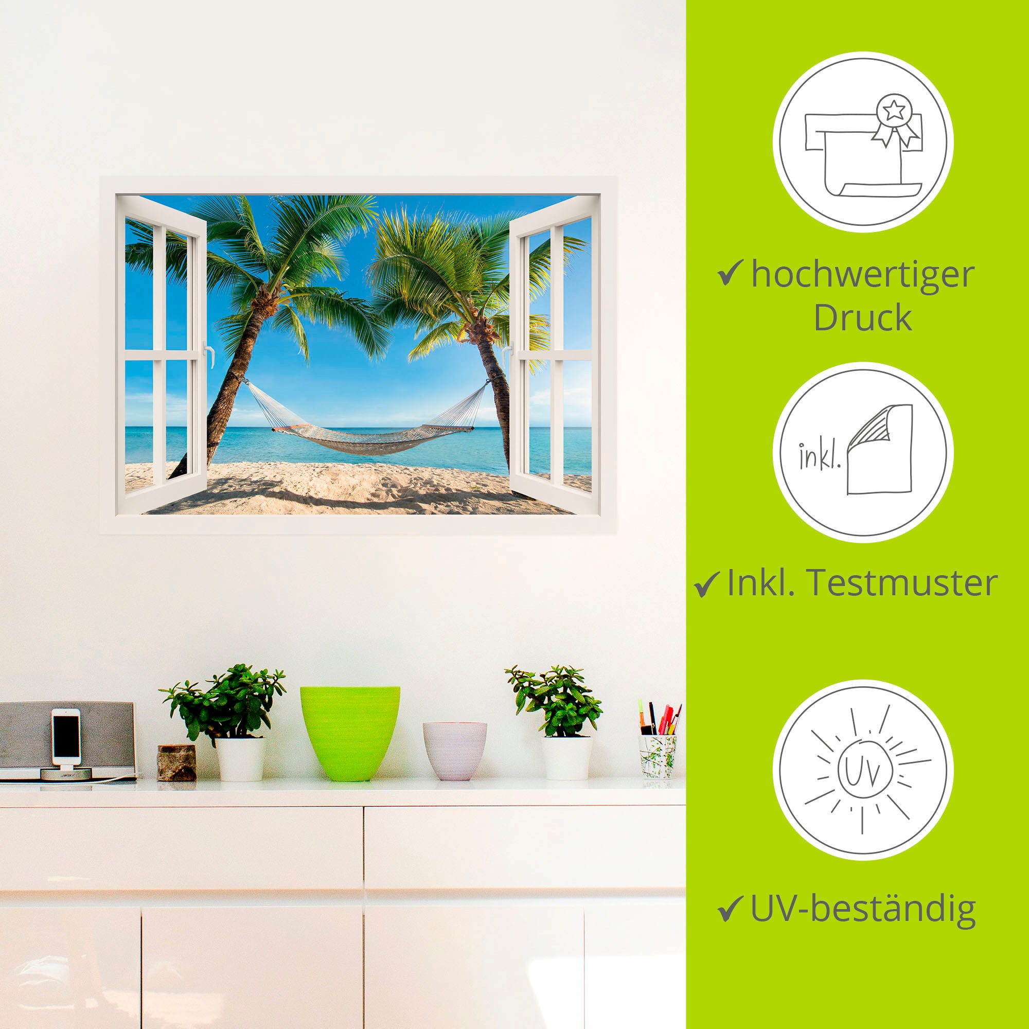 Artland Wandbild »Fensterblick Palmenstrand Karibik«, Amerika, (1 St.), als Alubild, Outdoorbild, Leinwandbild, Poster, Wandaufkleber