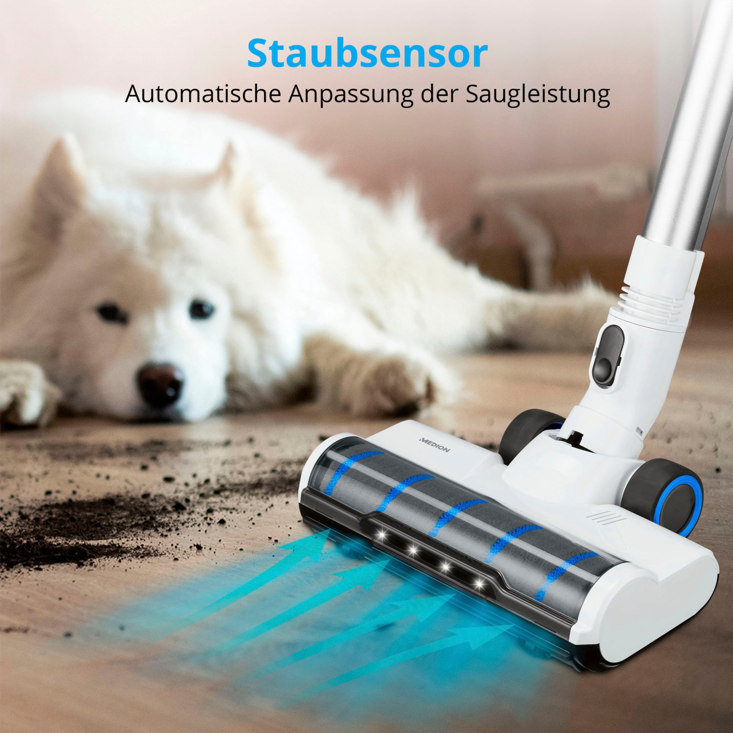 Medion® Akku-Stielstaubsauger »P400 W (MD 12051), beutellose Zyklon-Technologie, 26 kPa Saugleistung«, LED-Touch-Display, Staubsensor, integriertes Zubehör und Ladestation