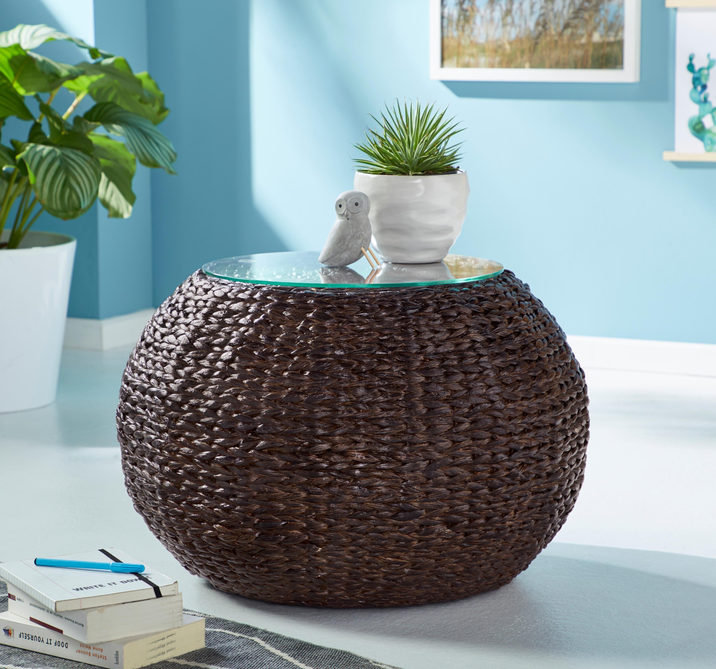 Home affaire Beistelltisch »Cedarville« aus Wasserhyazinthengeflecht, mit Glastischplatte, Durchmesser 60 cm