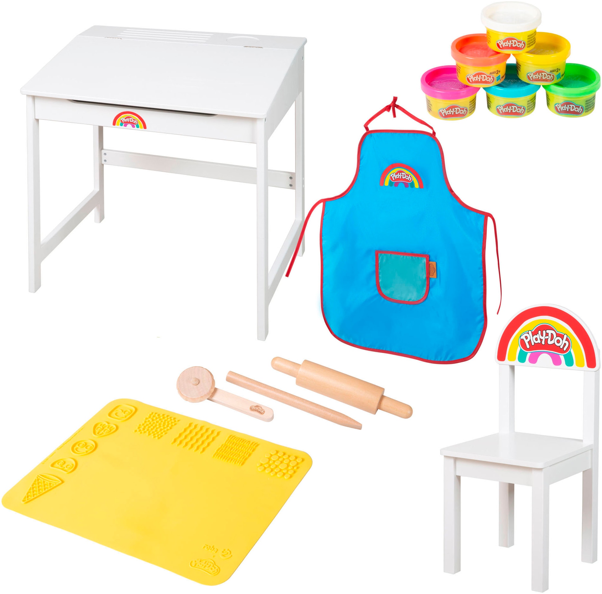 roba® Kindersitzgruppe »Play-Doh Schulpult«, (Set), inkl. 3D-Kreativmatte, 6 Knetdosen, Schürze