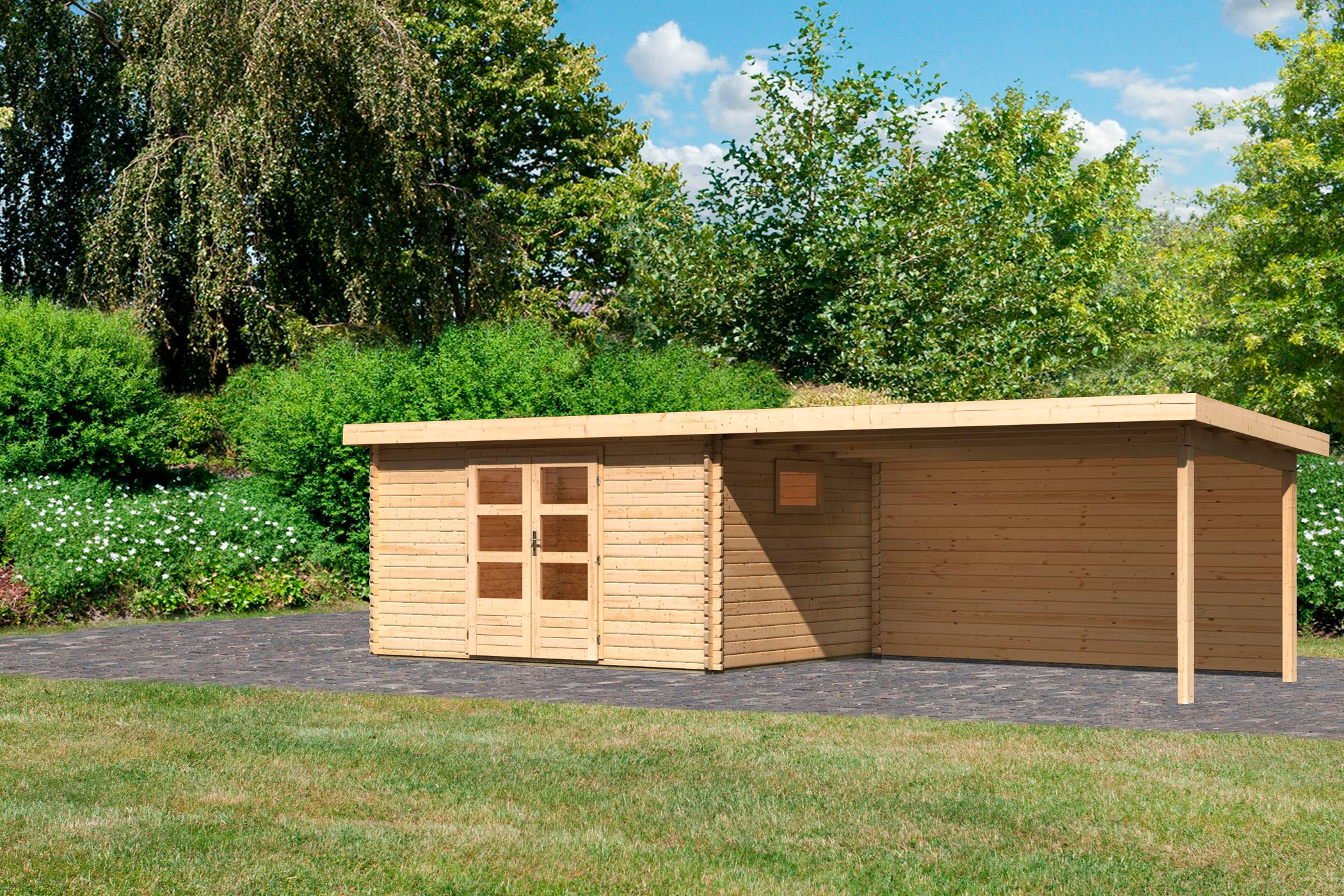 KONIFERA Gartenhaus »Trittau 5«, mit Anbaudach 4,4m Rückwand, naturbelassen