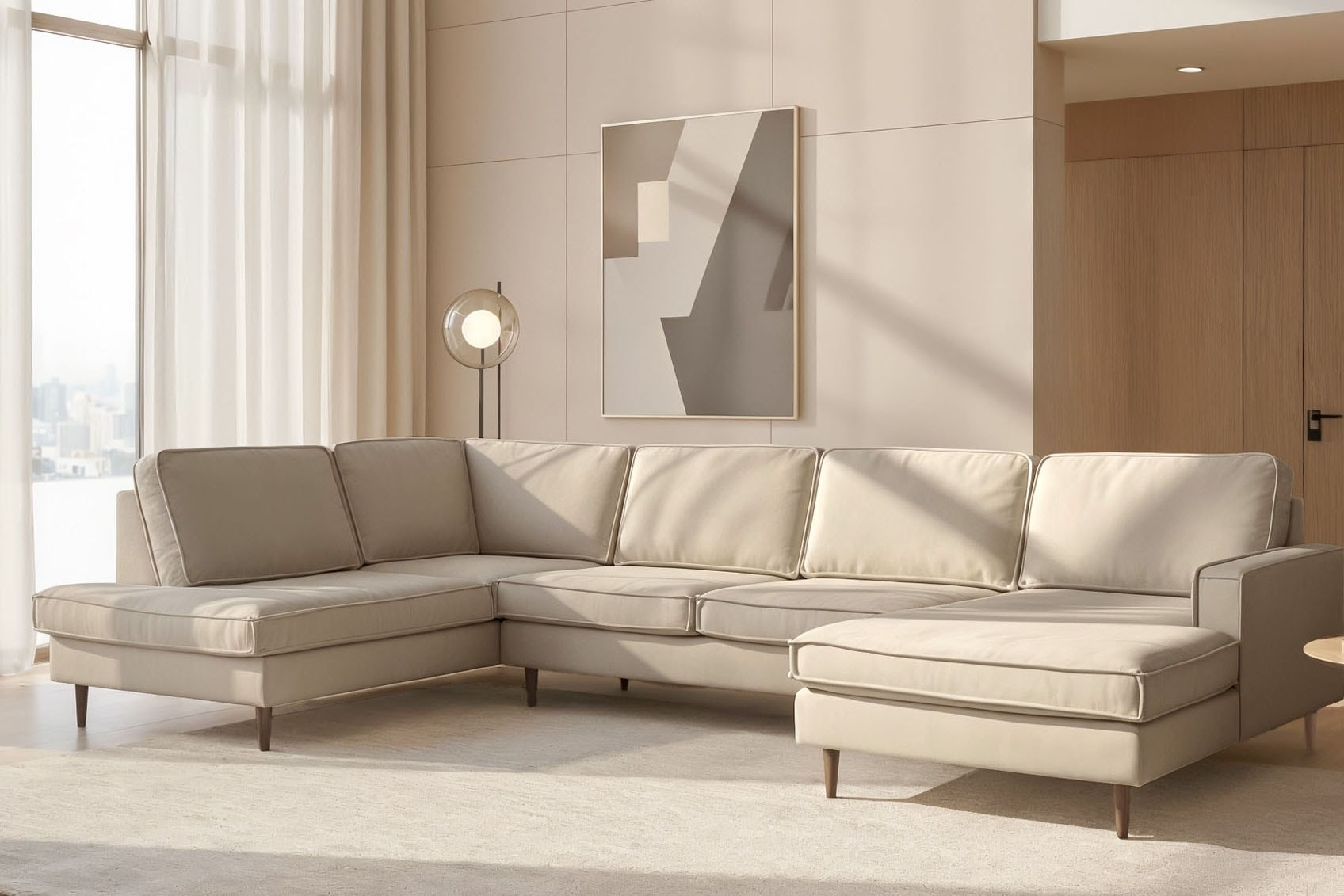 Home affaire Wohnlandschaft »Pinto Skandi, 350 cm, U-Form, XXL, mit Ottomanen« mit Keder, Massivholzfüße Eiche geräuchert, Wellenunterfederung