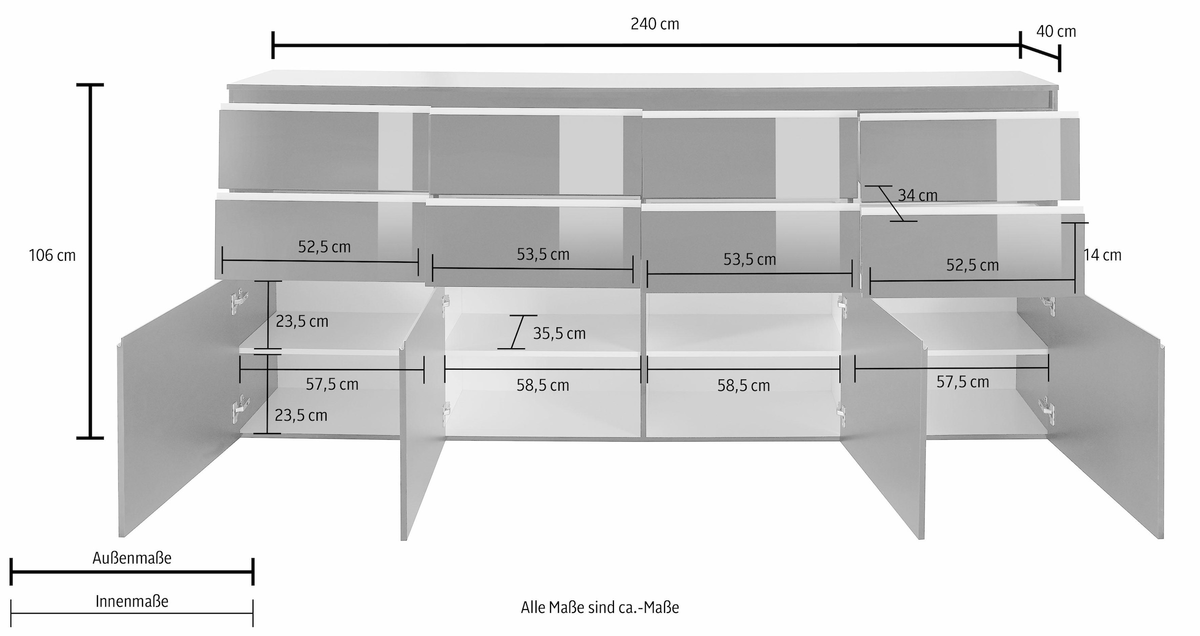 INOSIGN Highboard »Magic, Highboard, Hochschrank, Hochkommode«, mit 4 Türen und 8 Schubkästen, Hochglanz lackiert, Breite 240cm
