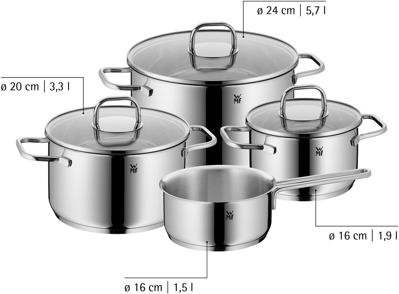 WMF Topf-Set »Inspiration Induktion, Kochtopf Set mit Glasdeckel« Set, 3x Fleischtöpfe Ø 16/20/24 cm, 1x Stieltopf Ø 16 cm, 7 Stk. tlg. Cromargan® Edelstahl Rostfrei 18/10