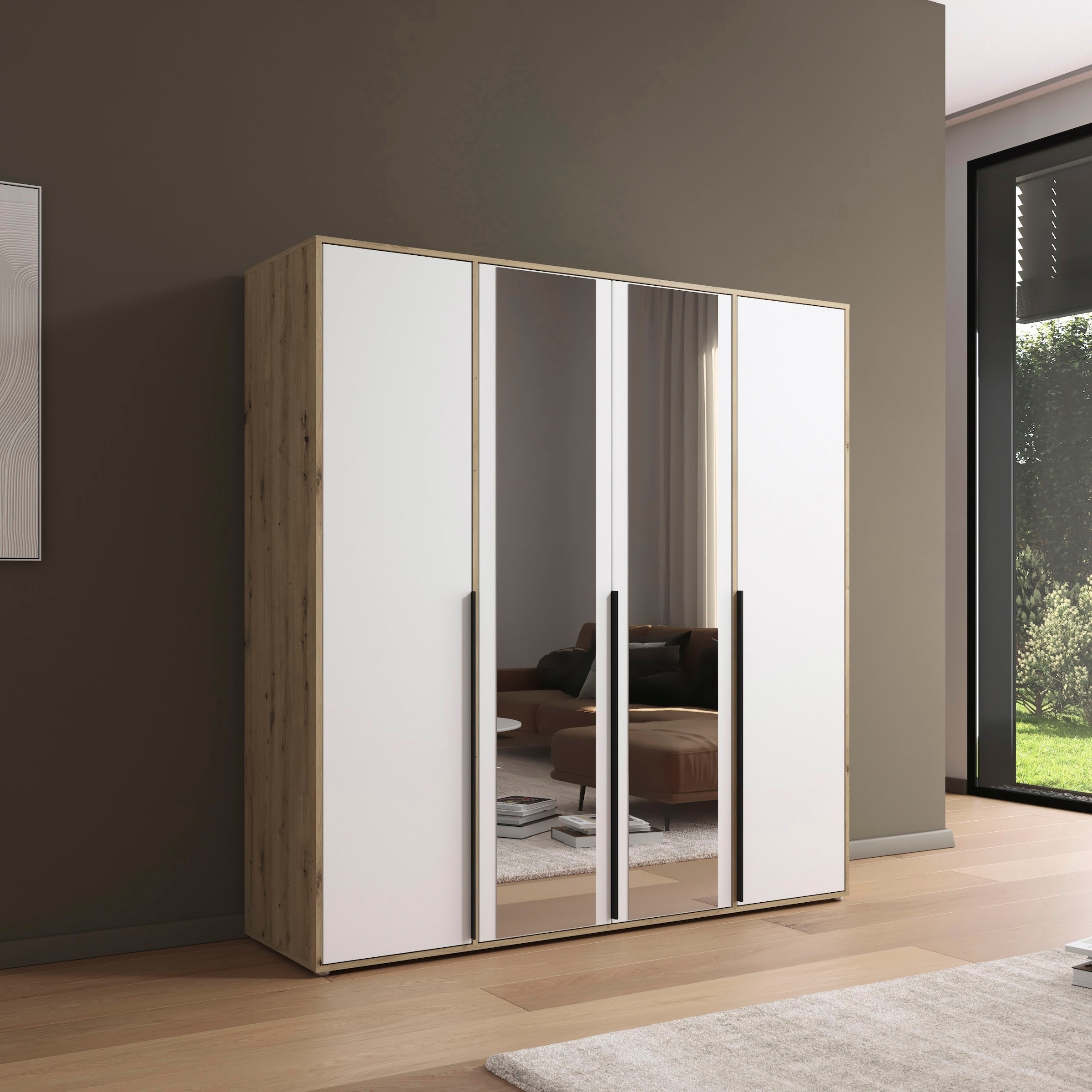 rauch Drehtürenschrank »Kleiderschrank Schrank Garderobe Wäscheschrank NAGATA mit Spiegel«, (in 3 verschiedenen Ausstattungen BASIC/CLASSIC/PREMIUM), und modernen Stangengriffen in Graumetallic TOPSELLER MADE IN GERMANY