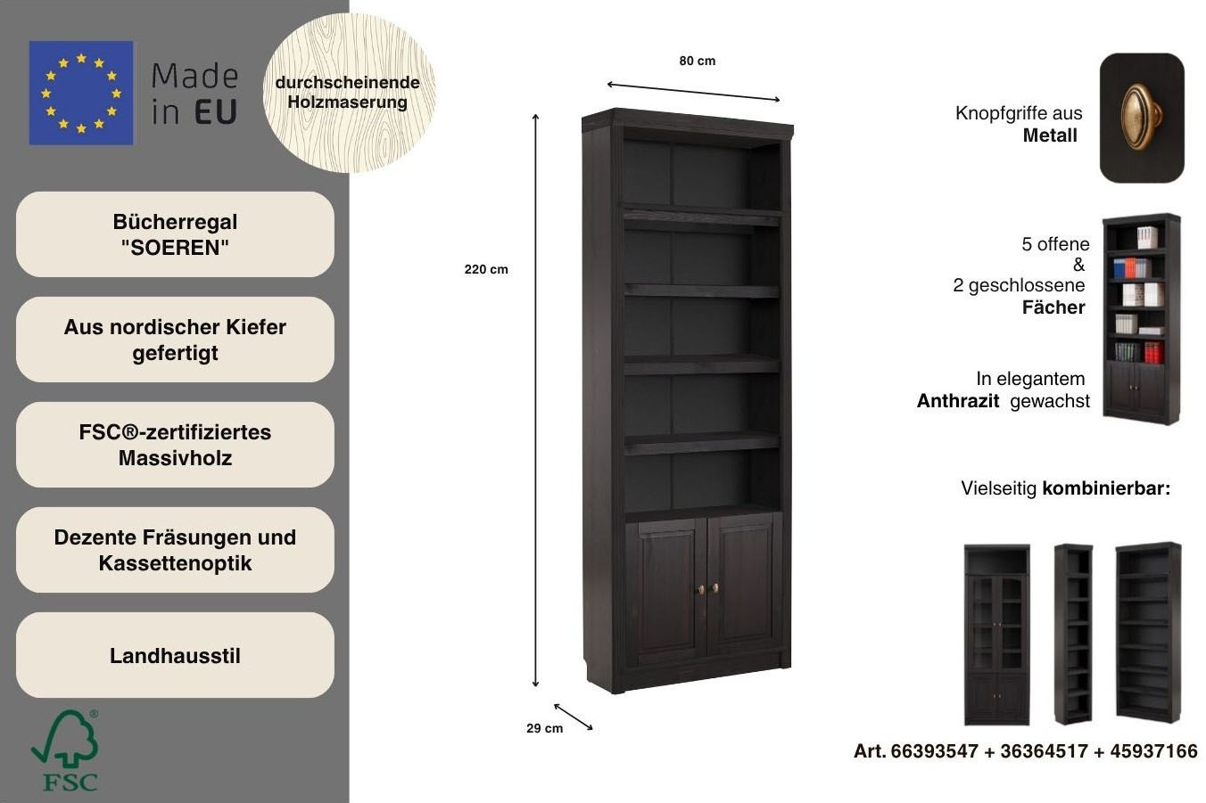 Home affaire Bücherregal »Soeren« aus massiver Kiefer, Höhe 220 cm, mit 2 Holztüren, viel Stauraum