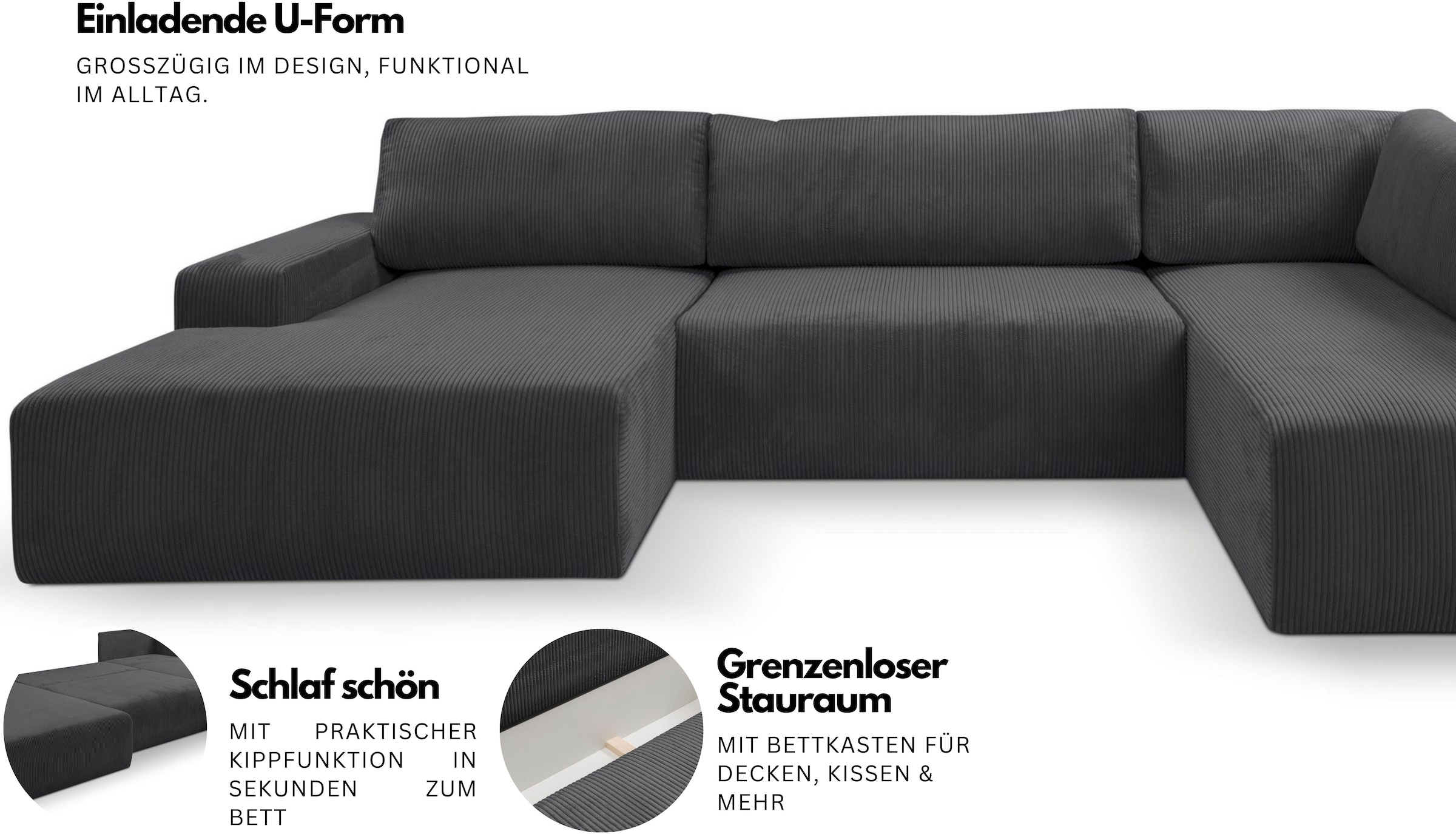 WERK2 Wohnlandschaft »Rotterdam-U, U-Form, in kuschelweichem Cord oder Breitcord« Design Sofa mit Schlaffunktion & Bettkasten, Cord, Natur