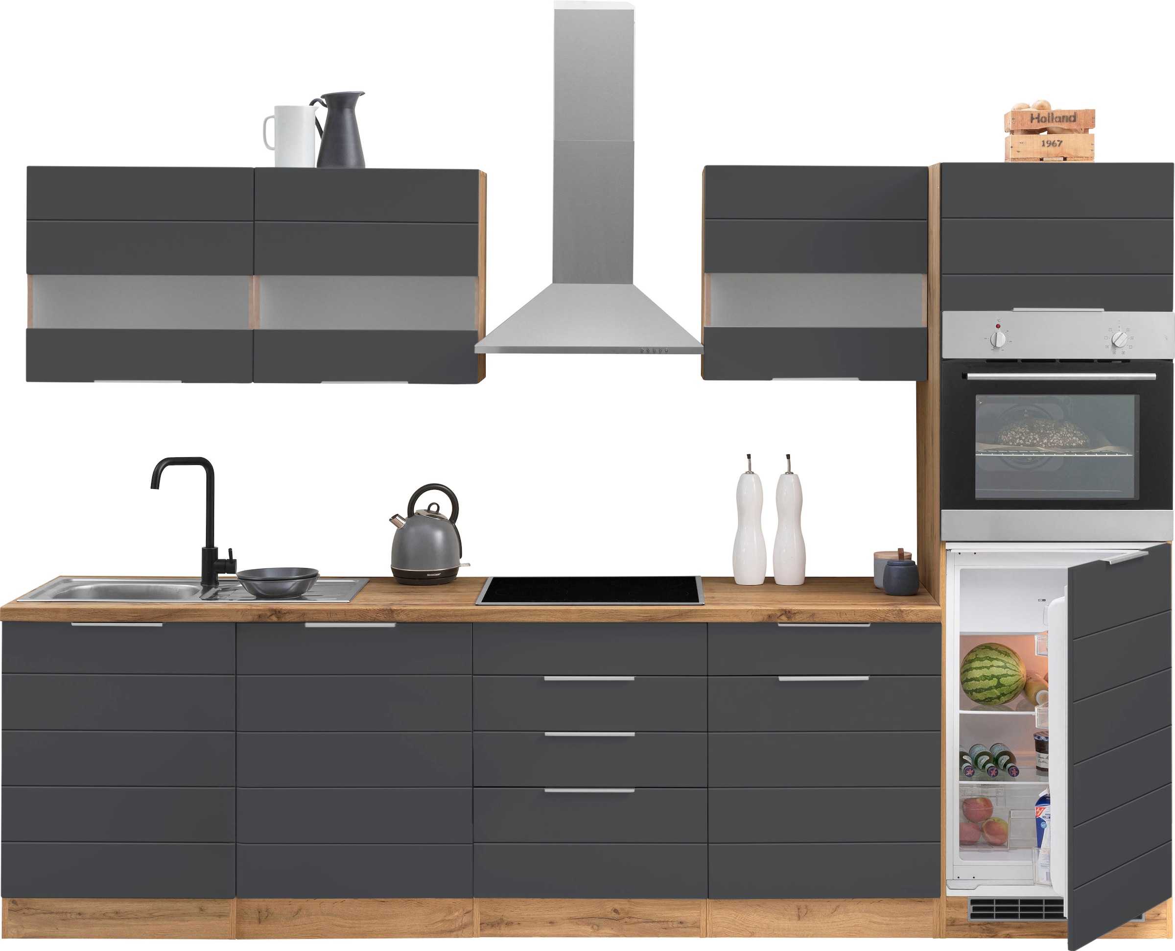 KOCHSTATION Küchenzeile »KS-Luhe« 300 cm breit, wahlweise mit oder ohne E-Geräten, gefräste MDF-Fronten