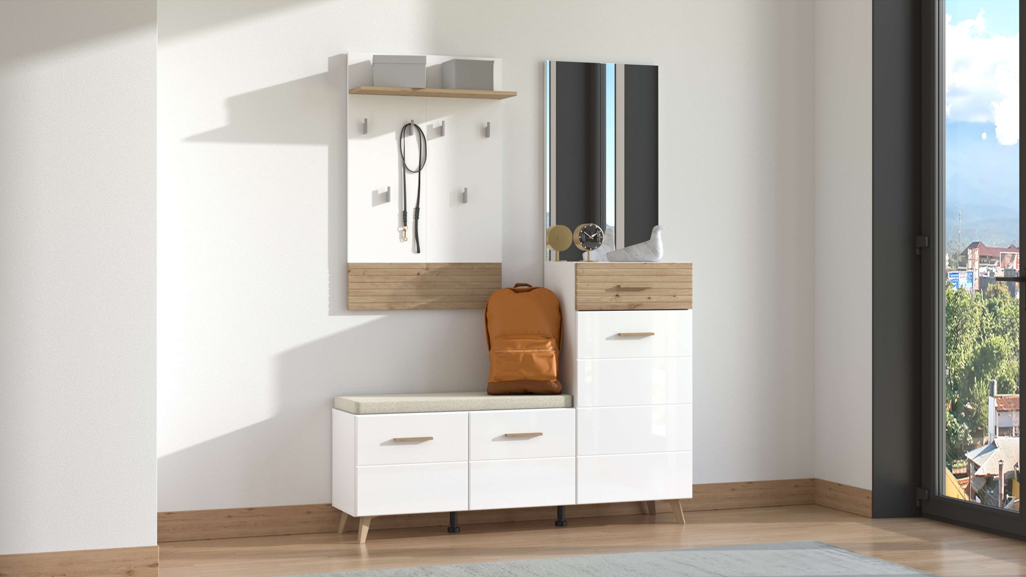 Home affaire Garderoben-Set »Sein Kompaktgarderobe, Flurgarderobe, Dielenschrank, Hochglanzfronten«, (Komplett-Set, 4 St.), mit Schuhschrank, Sitzbank, Garderobenpaneel und Spiegel
