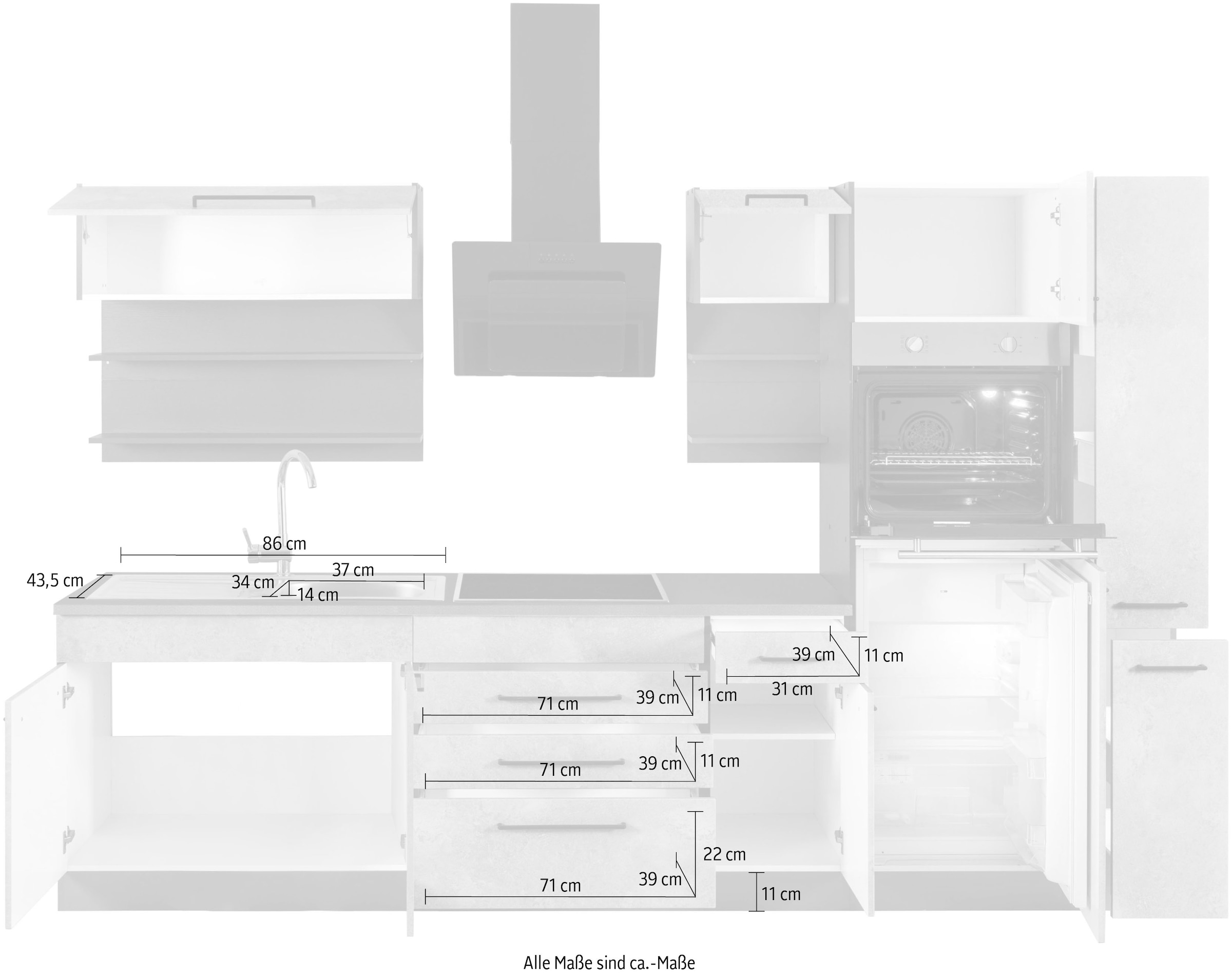 KOCHSTATION Küchenzeile »KS-Tulsa«, mit E-Geräten, Breite 290 cm, schwarze Metallgriffe, MDF Fronten