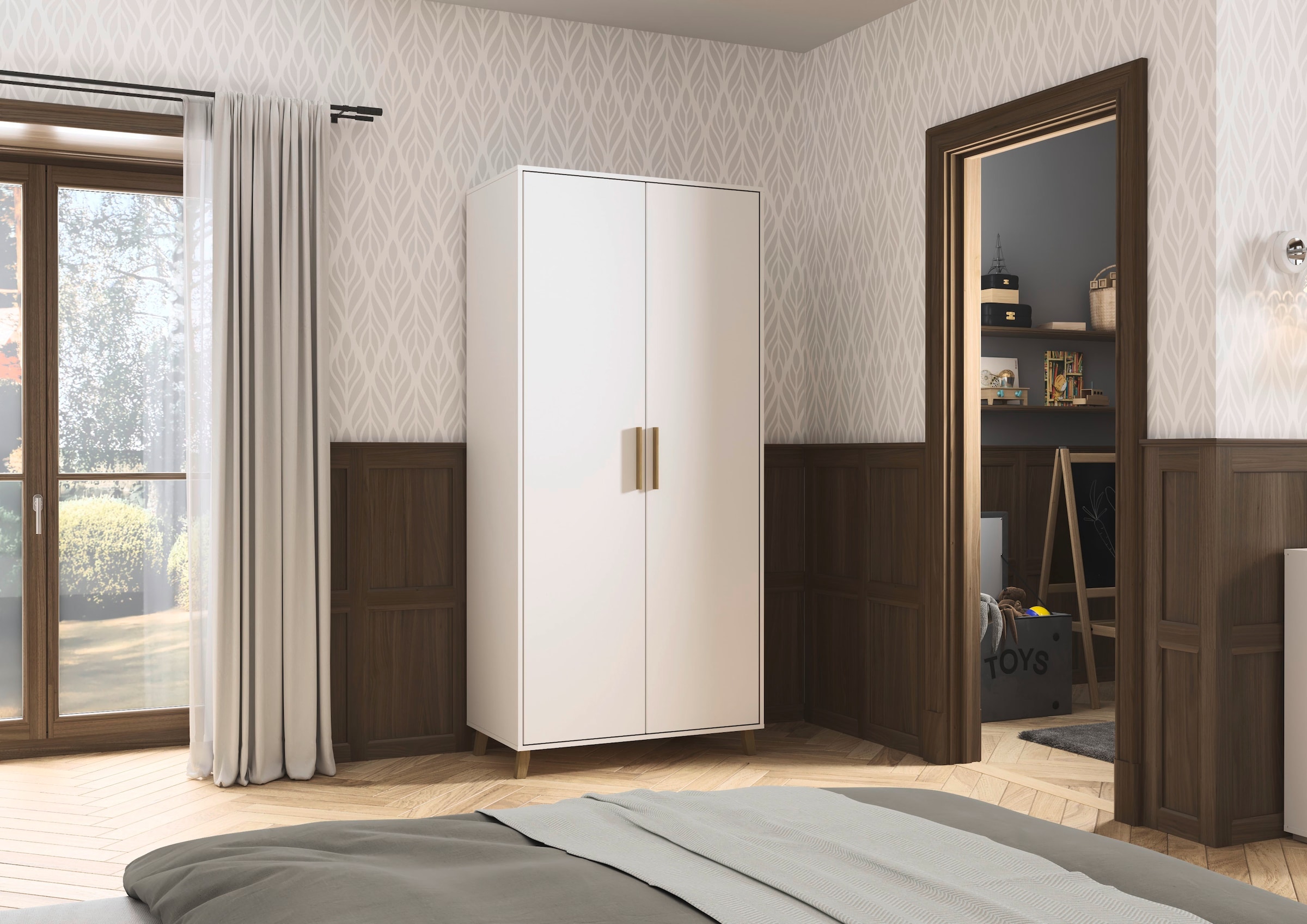 rauch Drehtürenschrank »Kleiderschrank Schrank Garderobe SHINJO Breiten 93/140/187 cm« in 3 verschiedenen Ausstattungen BASIC/CLASSIC/PREMIUM,  Griffe und Füße aus Massivholz, viel Stauraum MADE IN GERMANY