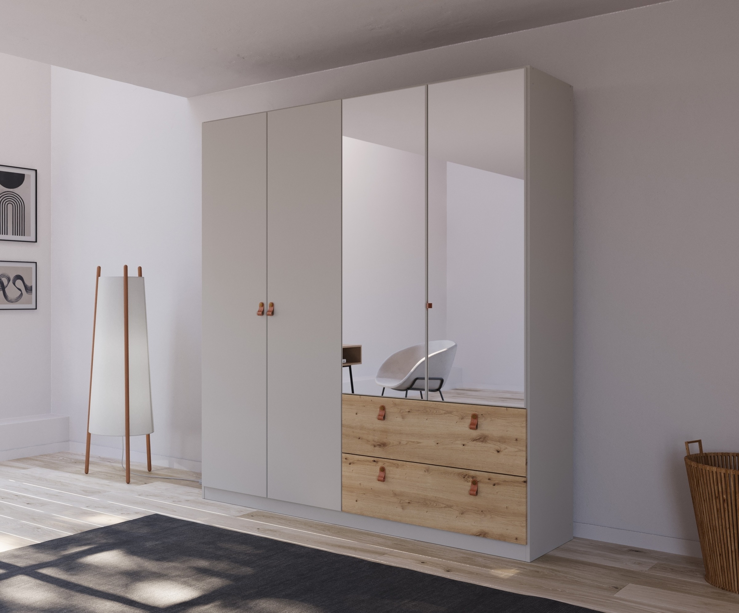 rauch Drehtürenschrank »Homey by Quadra Spin« mit cognacbraunen Ledergrifflaschen, Schubladen in Eichen-Dekor