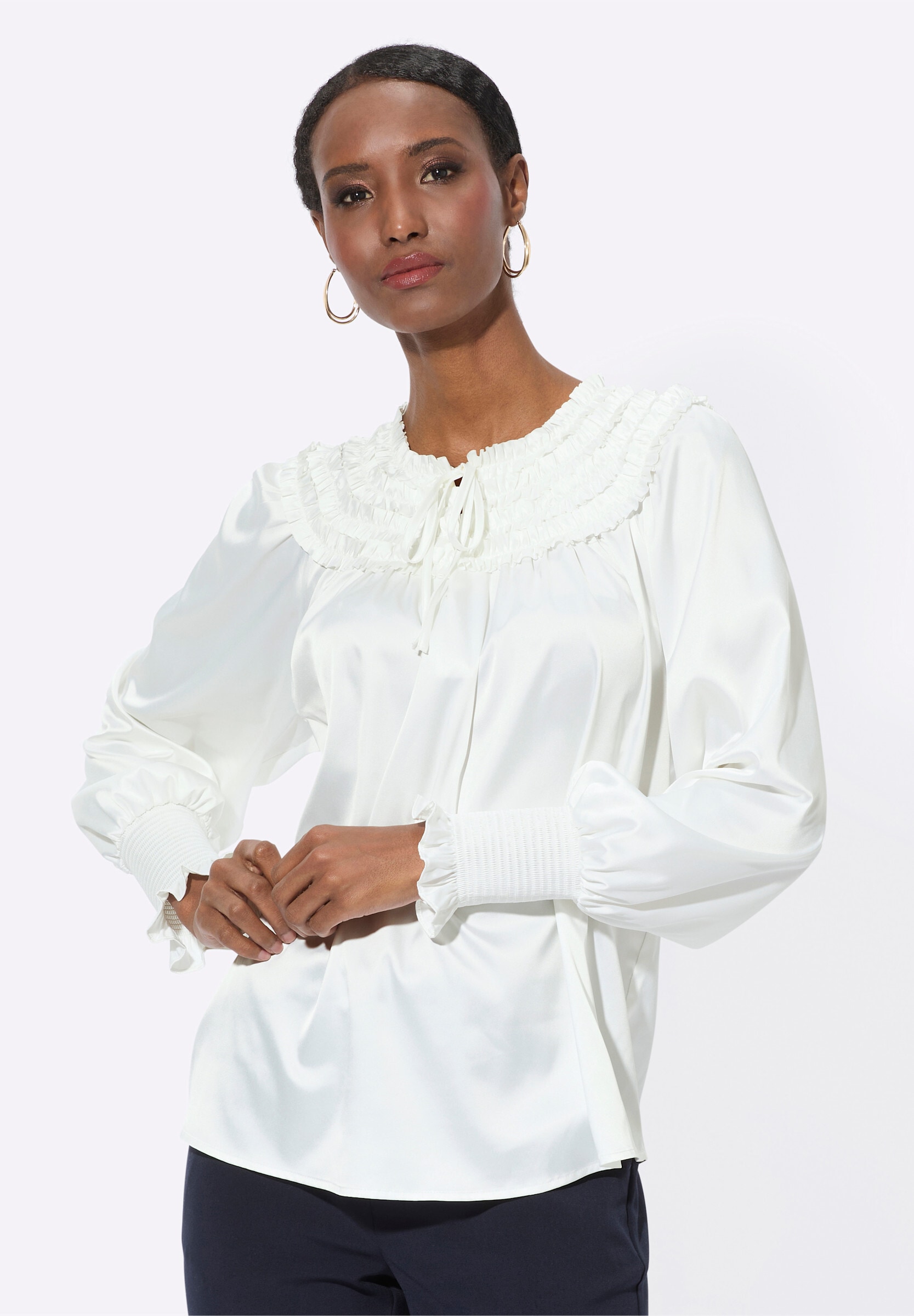 creation L Klassische Bluse »Satin-Bluse Satinbluse mit aufgenähten Rüschen-Bändern«