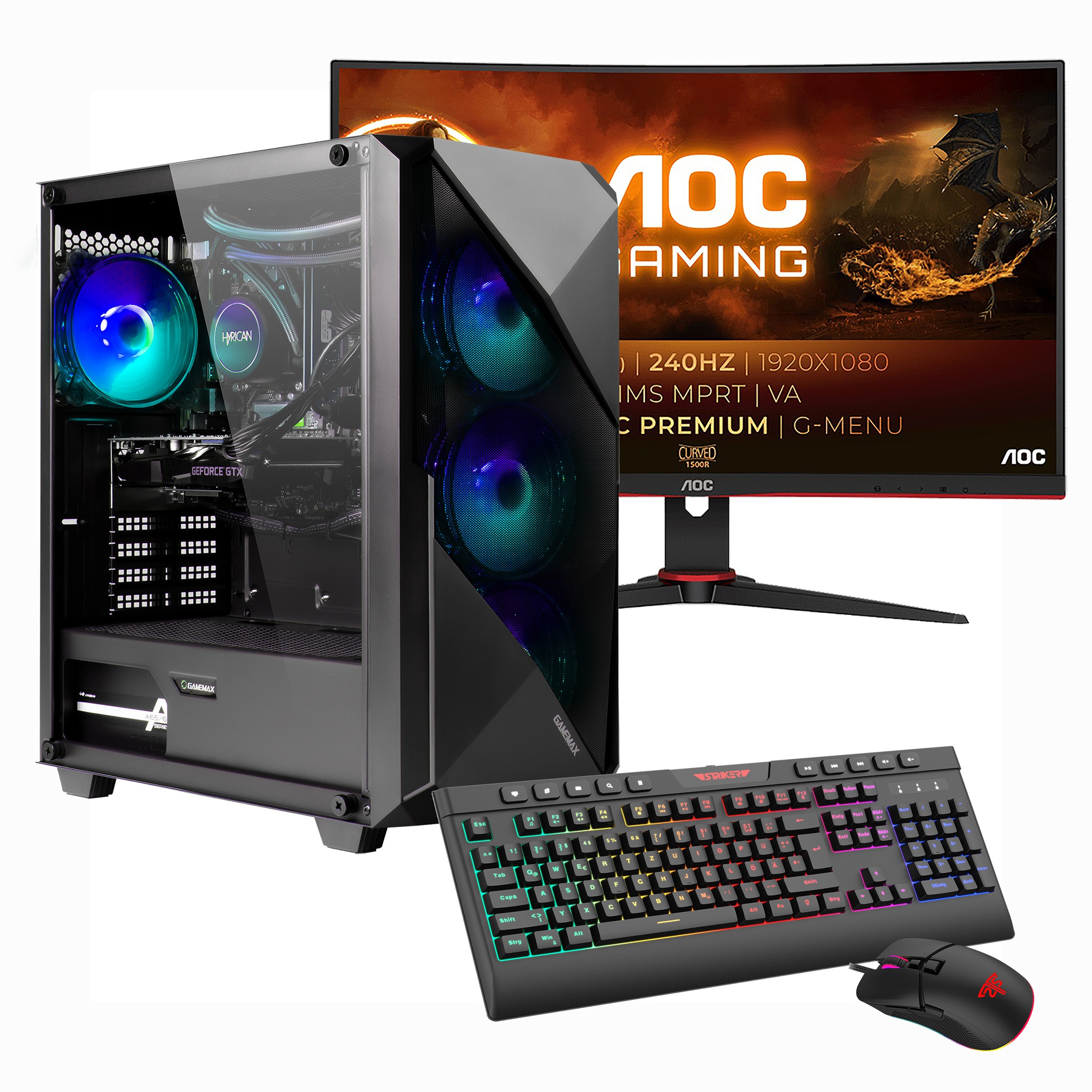 Hyrican Gaming-PC-Komplettsystem »Striker SET02401«, (PCIe SSD Gen4), DDR5, Windows 11, inklusive 27 Curved Monitor AOC C27G2ZE/BK