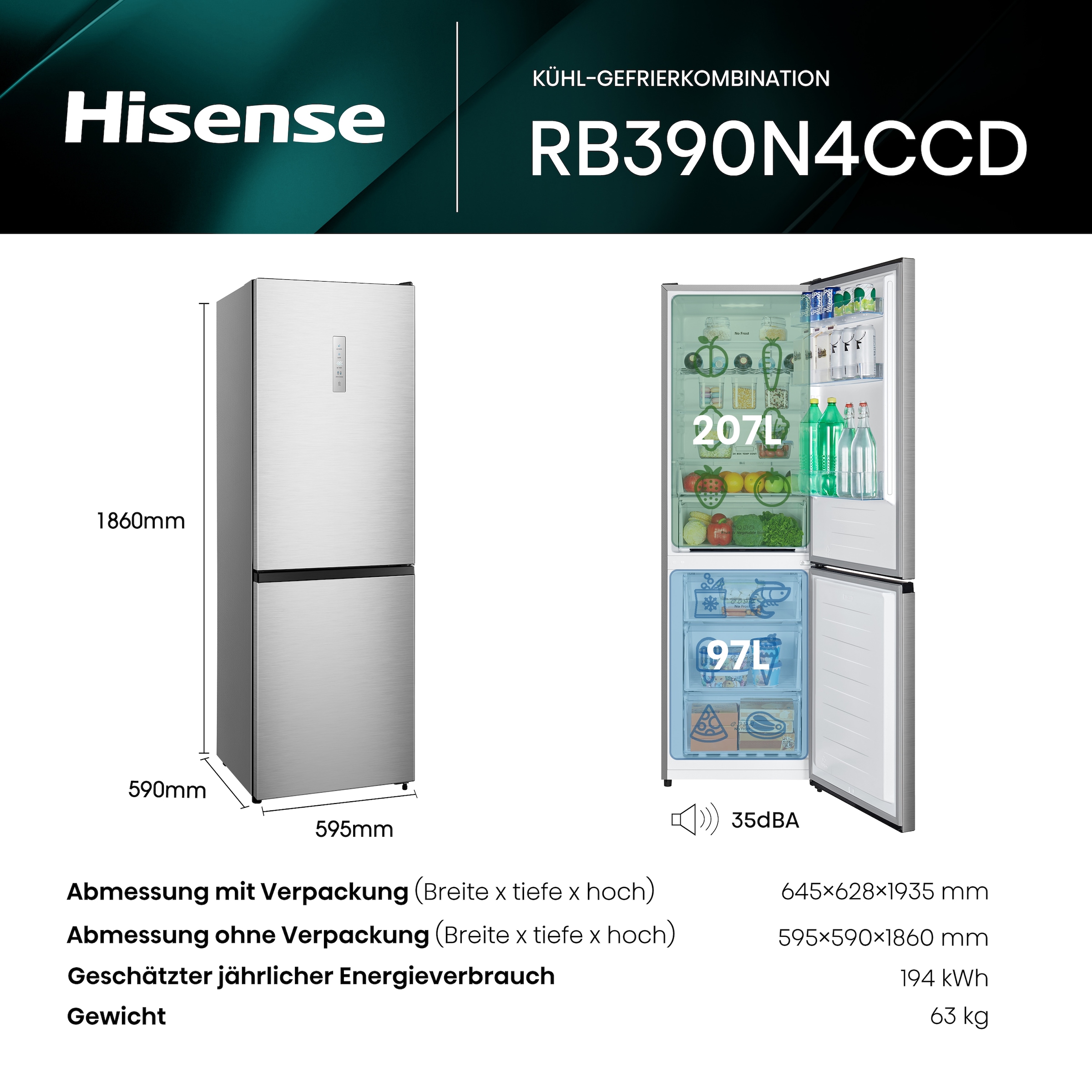 Hisense Kühl-/Gefrierkombination »RB390N4CCD«, Außen-Display