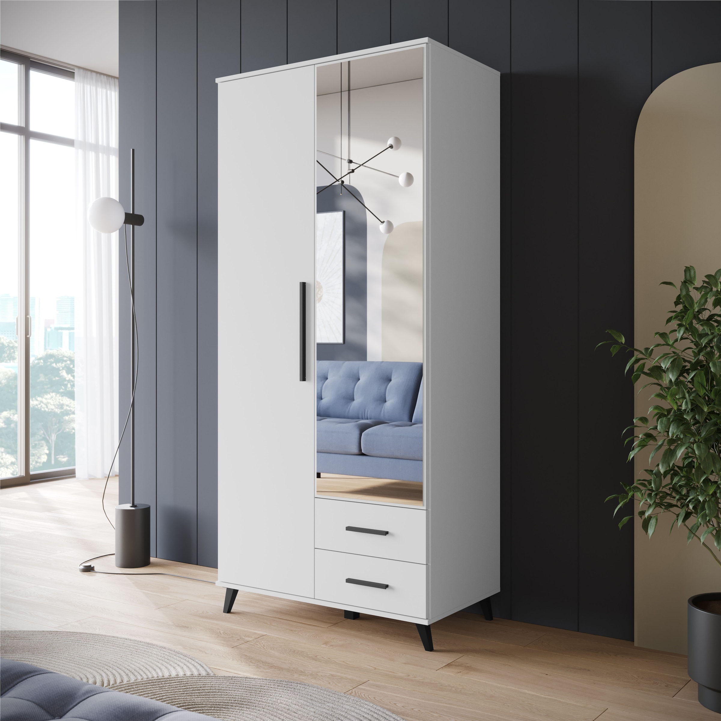 INOSIGN Kleiderschrank »Lagos, Garderobe Schlafzimmerschrank Wäscheschrank Bestseller« in 2 Farben und 2 Breiten erhältlich, 1 Stk. tlg. Moderner Drehtürenschrank mit Spiegeltür, Breite 90 cm, 2 Schubladen