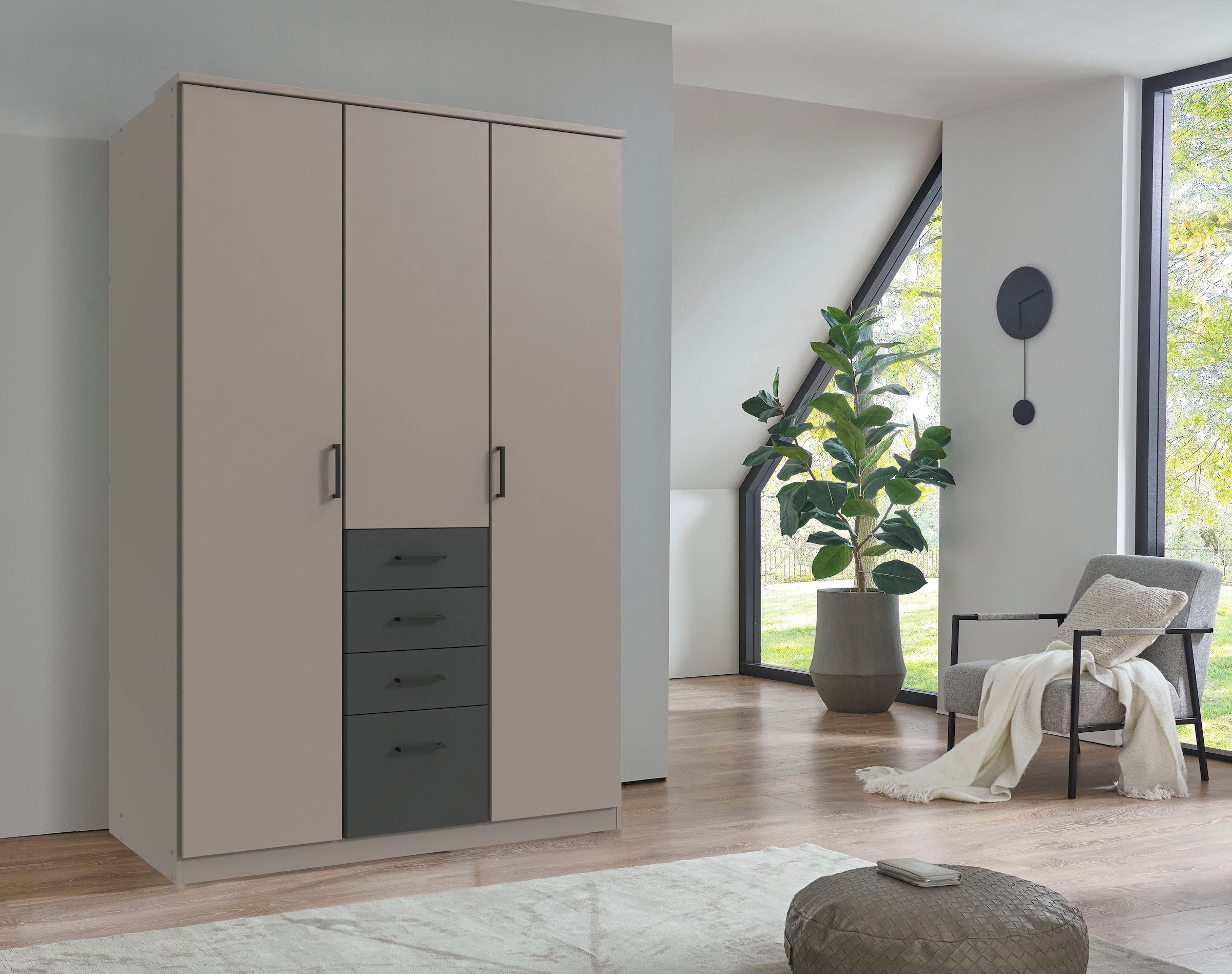Wimex Kleiderschrank »Cottbus, in weiß oder grau modern kombiniert mit graphitfb.Schubladen«, (in 3 Größen, schwarze Griffe, Made in Germany), mit 4 Schubladen, wahlweise mit oder ohne Spiegel