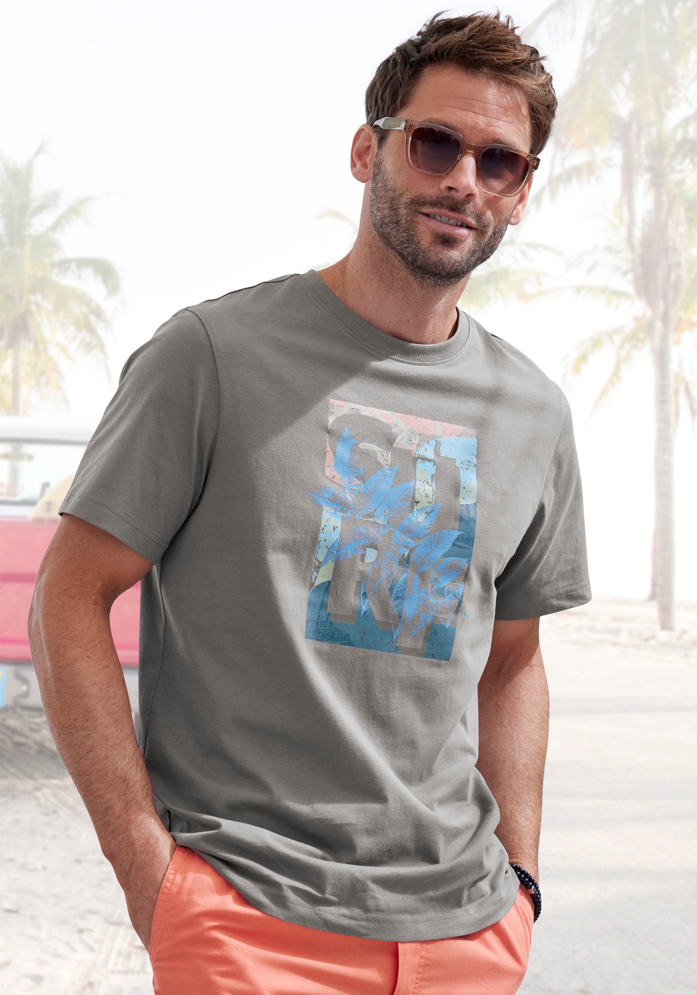 T-Shirt, Rundhalsshirt mit Surf -Aufdruck aus reiner Baumwolle